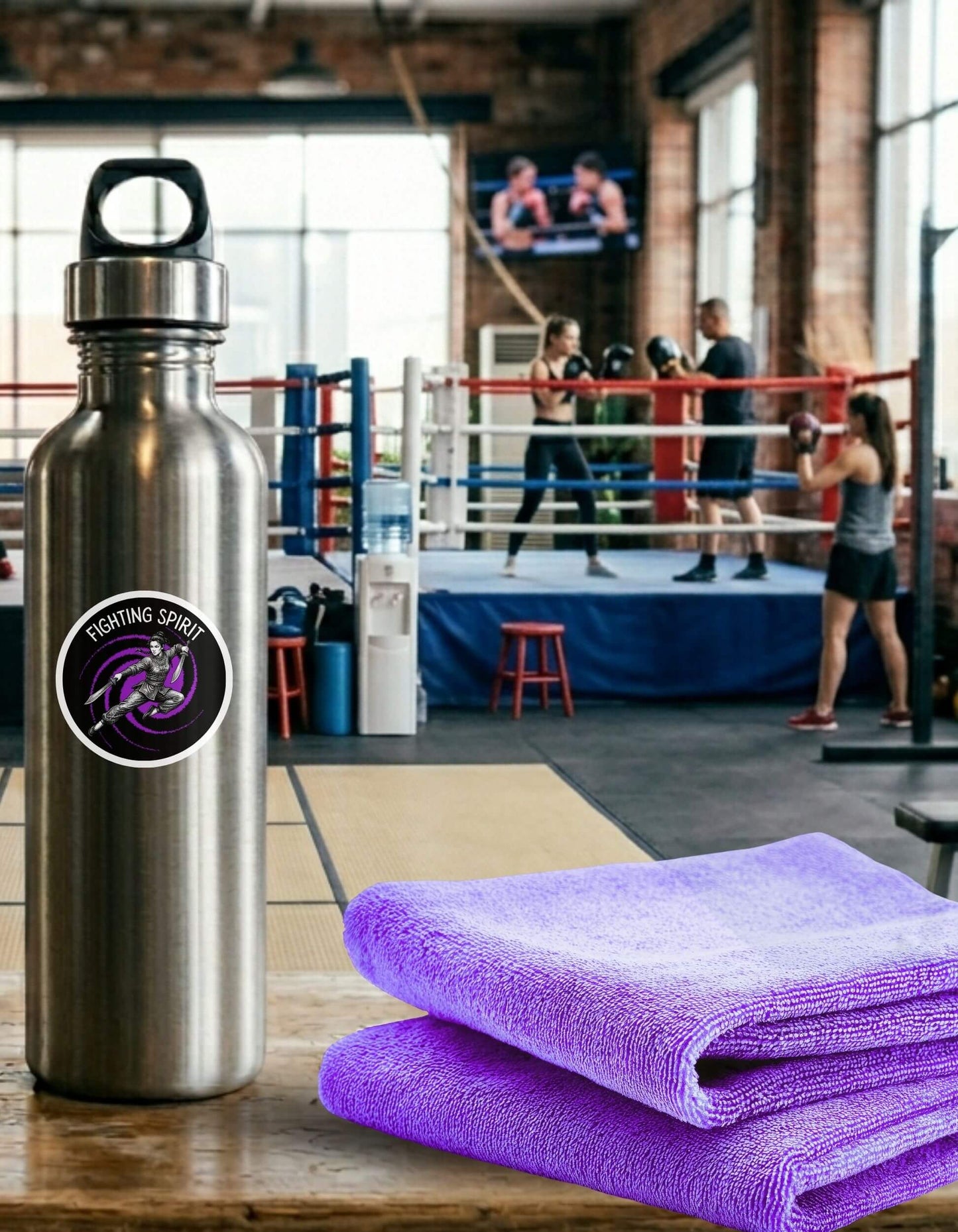 Metal water bottle in the foreground with a "Fighting Spirit" sticker, sits on a wooden surface, with women training in a boxing gym in the background.