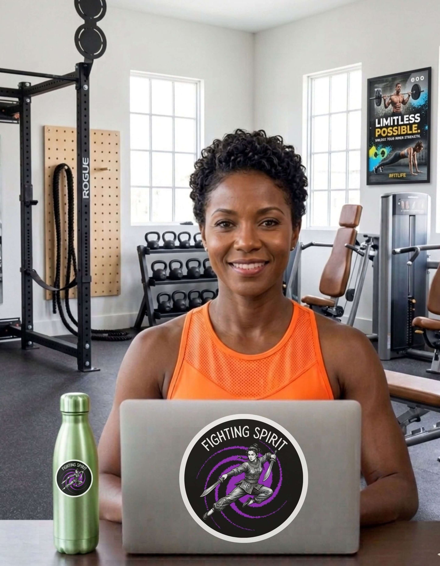 Fit woman in a gym setting with a laptop and water bottle each featuring a 'Fighting Spirit' sticker.