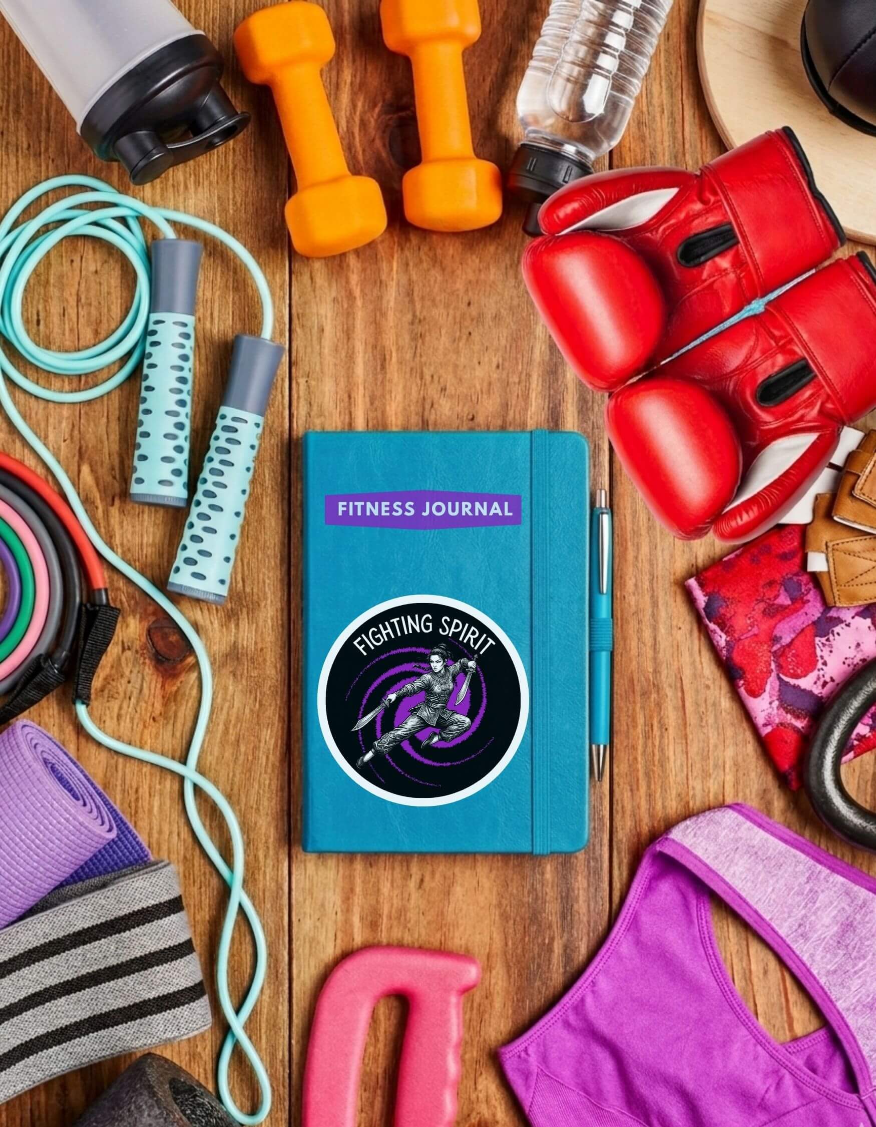 Turquoise blue fitness journal with “Fighting Spirit’ sticker, surrounded by gym equipment on a wooden surface.