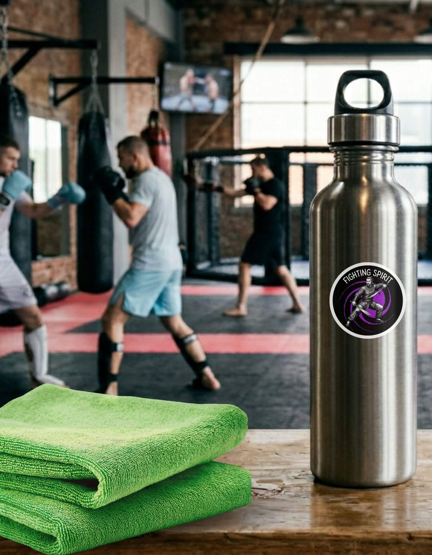 Metal water bottle in the foreground with a "Fighting Spirit" sticker on it, sits on a wooden surface, with men training in a boxing gym in the background.