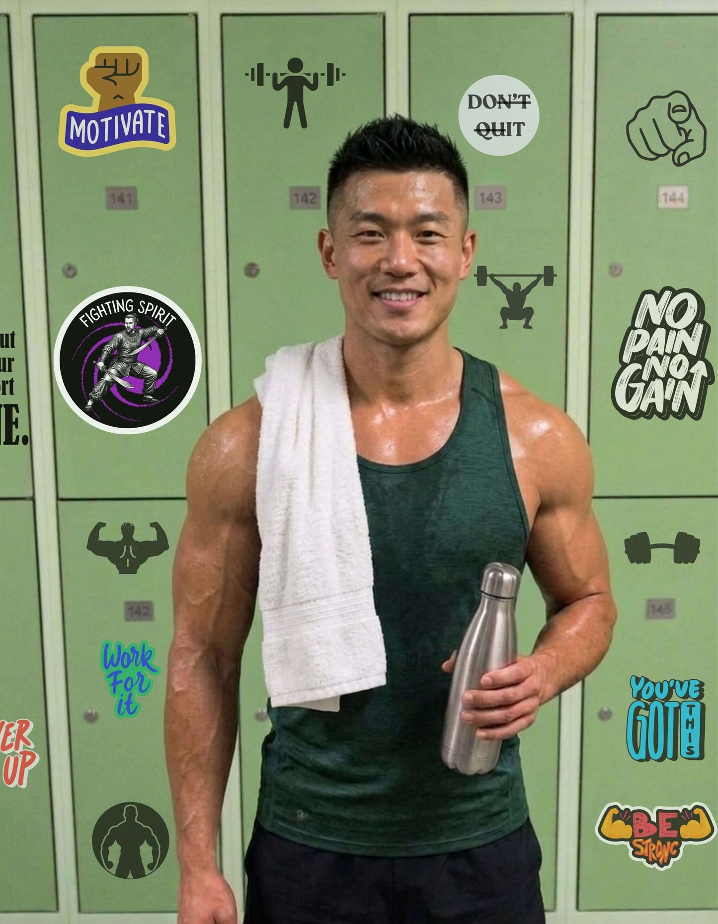 Muscular man in workout attire holding a water bottle in front of motivational locker stickers with the "Fighting Spirit” sticker on his left.