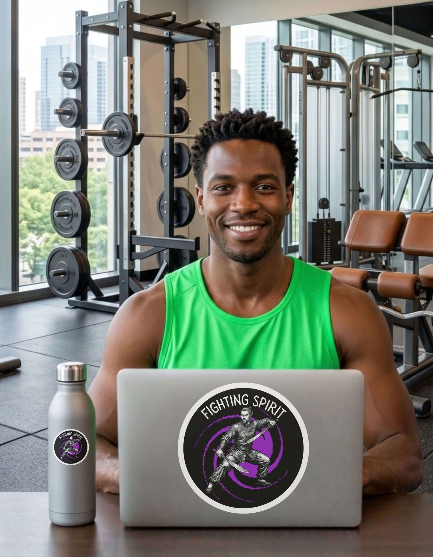 Muscular man in a gym setting with a laptop and water bottle each featuring a 'Fighting Spirit' sticker.