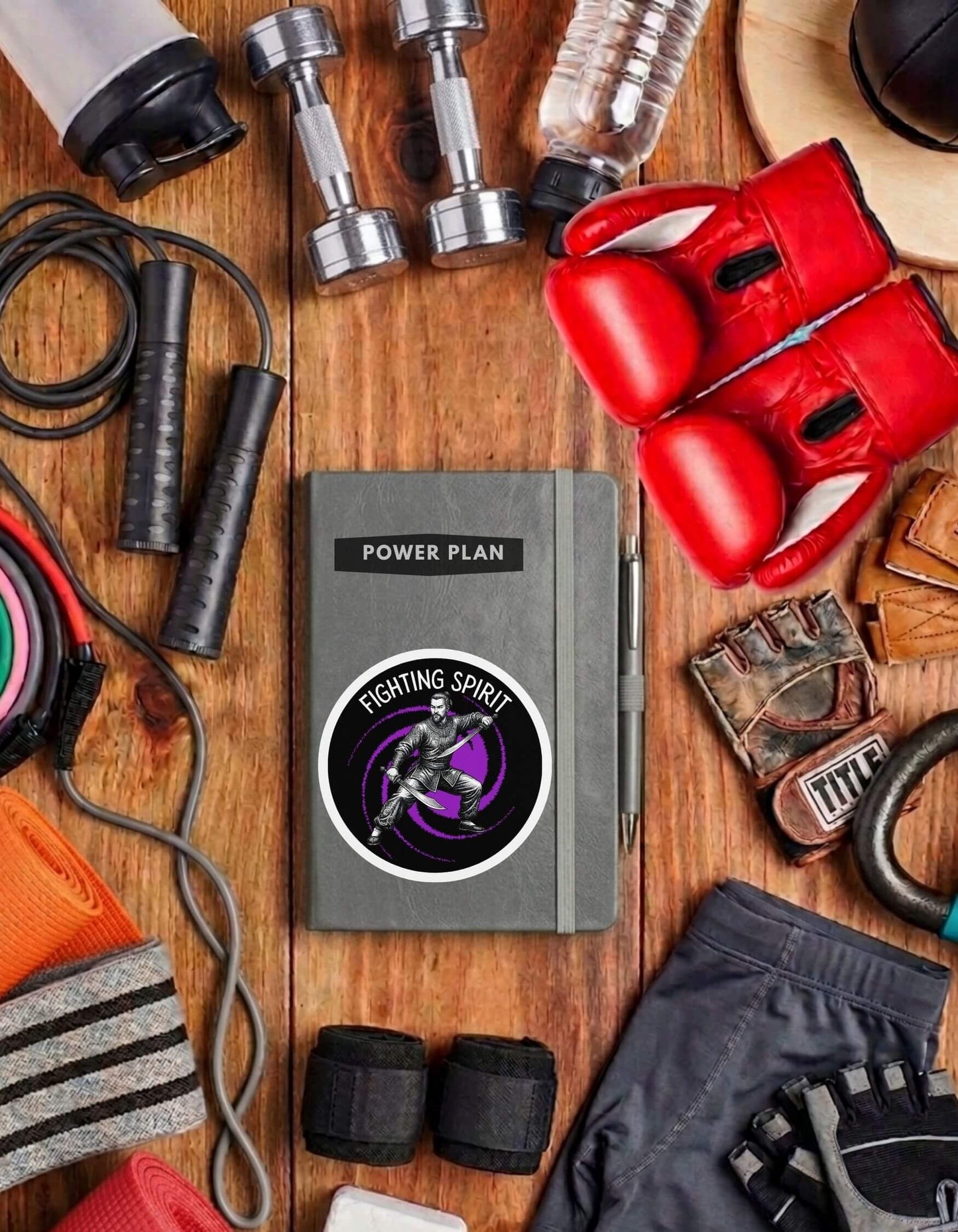 Grey Power Plan fitness journal with “Fighting Spirit’ sticker, surrounded by gym equipment on a wooden surface.