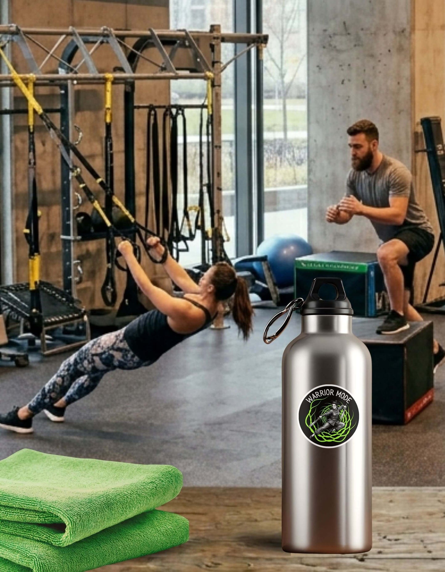Metal water bottle in the foreground with a ‘Warrior Mode’ sticker, sits on a wooden surface, with a woman and man training in a boxing gym in the background.