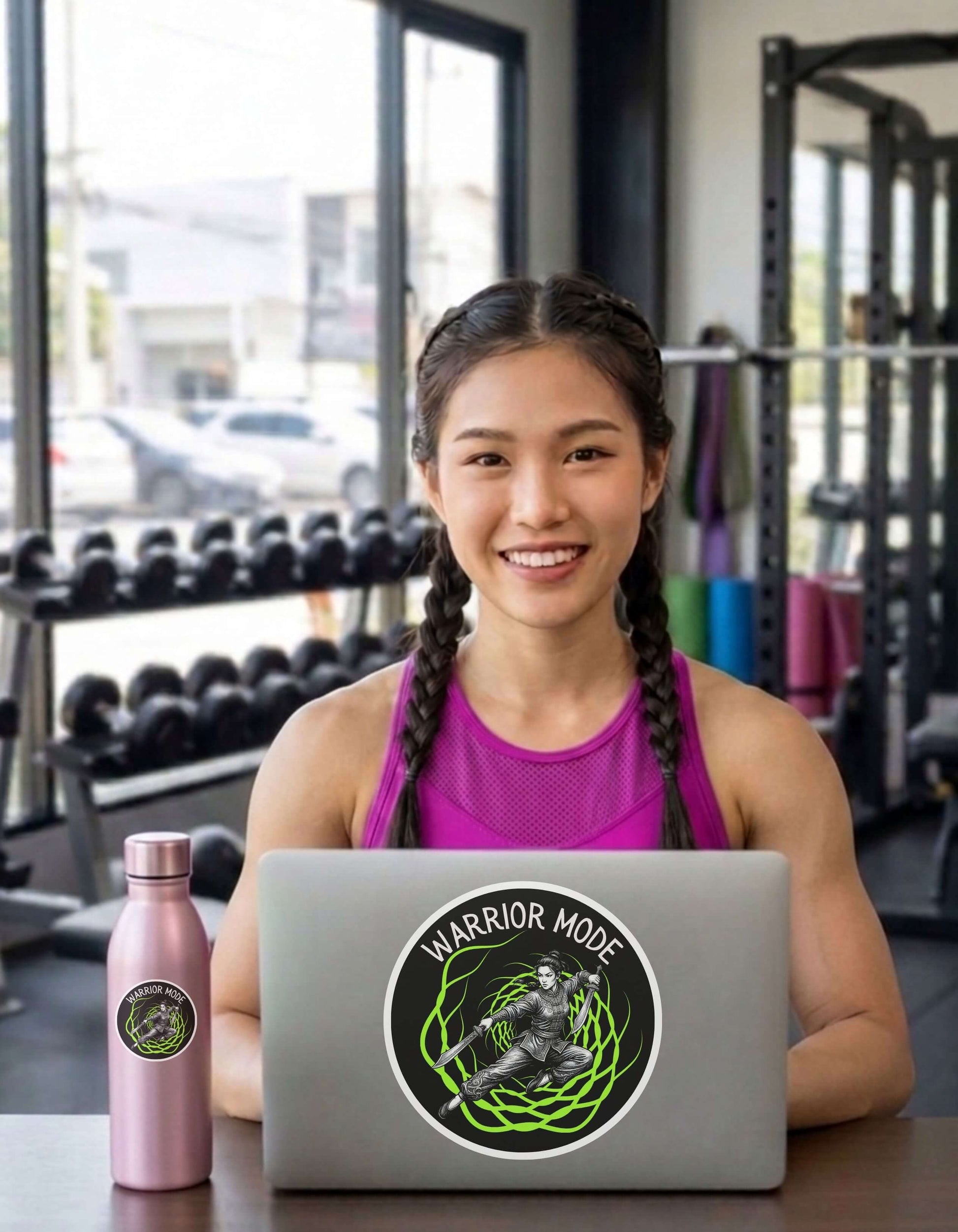 Fit woman in a gym setting with a laptop and water bottle each featuring a 'Warrior Mode' sticker.