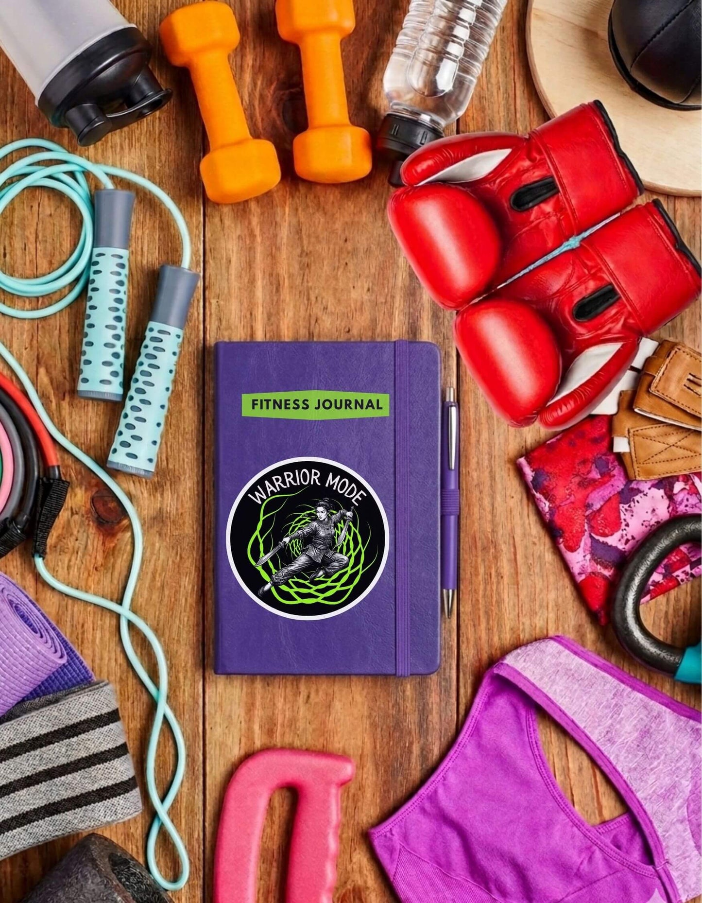 Purple fitness journal with ‘Warrior Mode’ sticker on it, surrounded by gym equipment on a wooden surface.