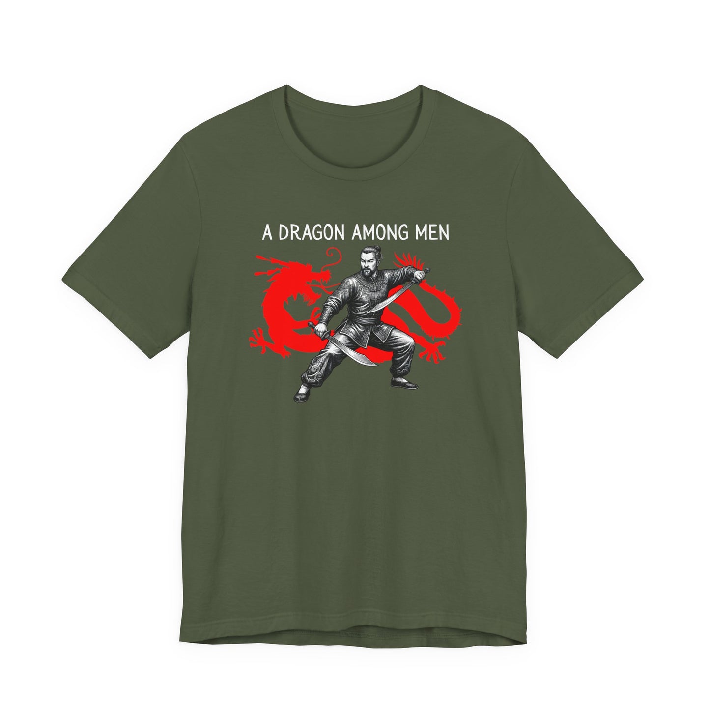 Military Green t-shirt front with the slogan - A Dragon among Men printed in white, above the bold graphic of a male warrior in fighting stance wielding dual swords in front of a red dragon silhouette.