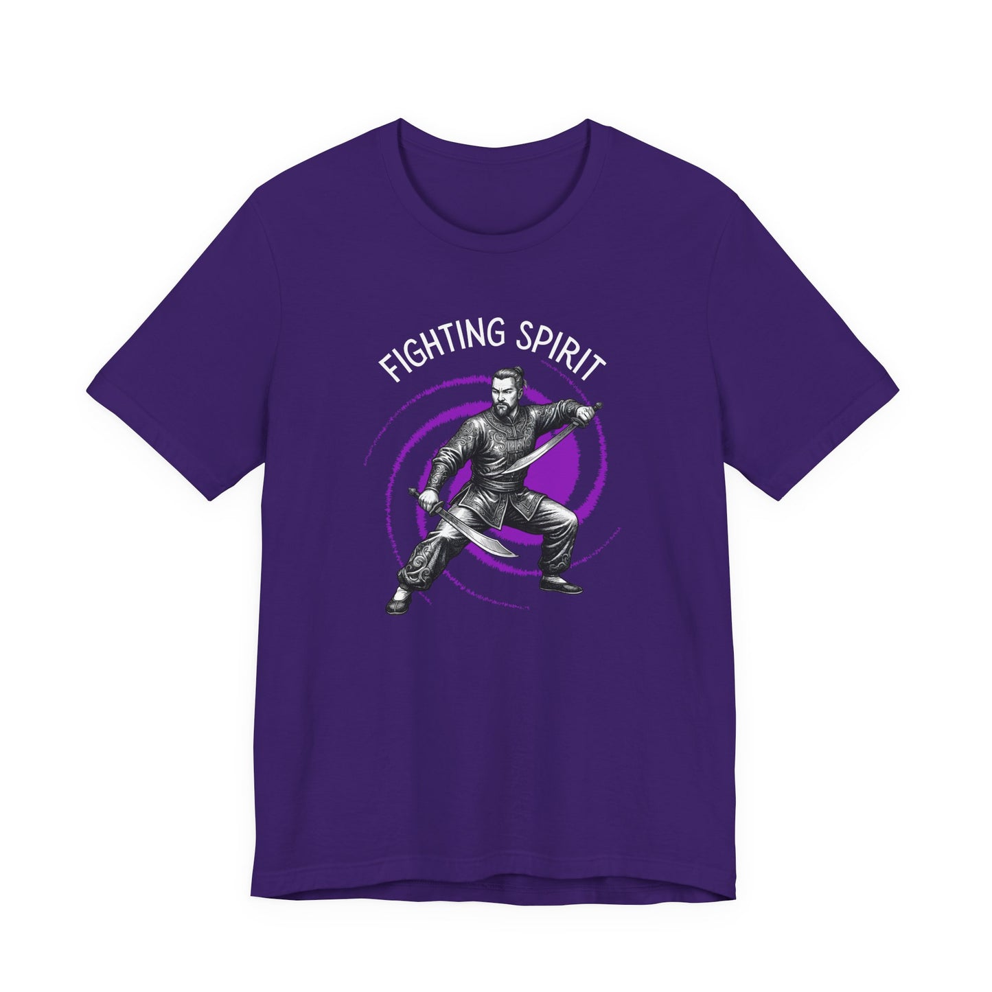 Team Purple t-shirt front with the slogan - Fighting Spirit printed in white, above the bold graphic of a male warrior in fight stance, wielding dual swords in front of a vivid purple swirling vortex.