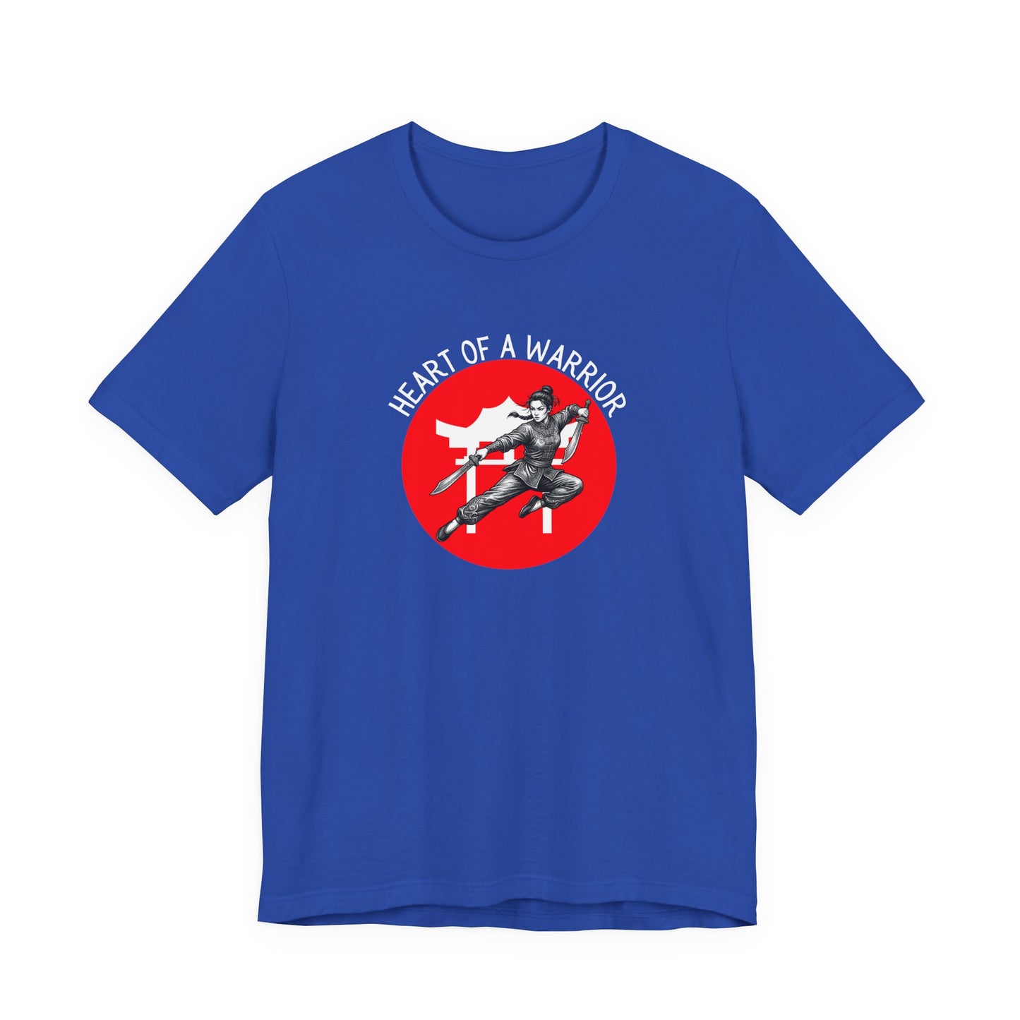True Royal Blue t-shirt front with the slogan - Heart of a Warrior printed in white, above a red circle featuring the bold graphic of a female warrior in fighting stance wielding dual swords in front of a white Chinese Temple.
