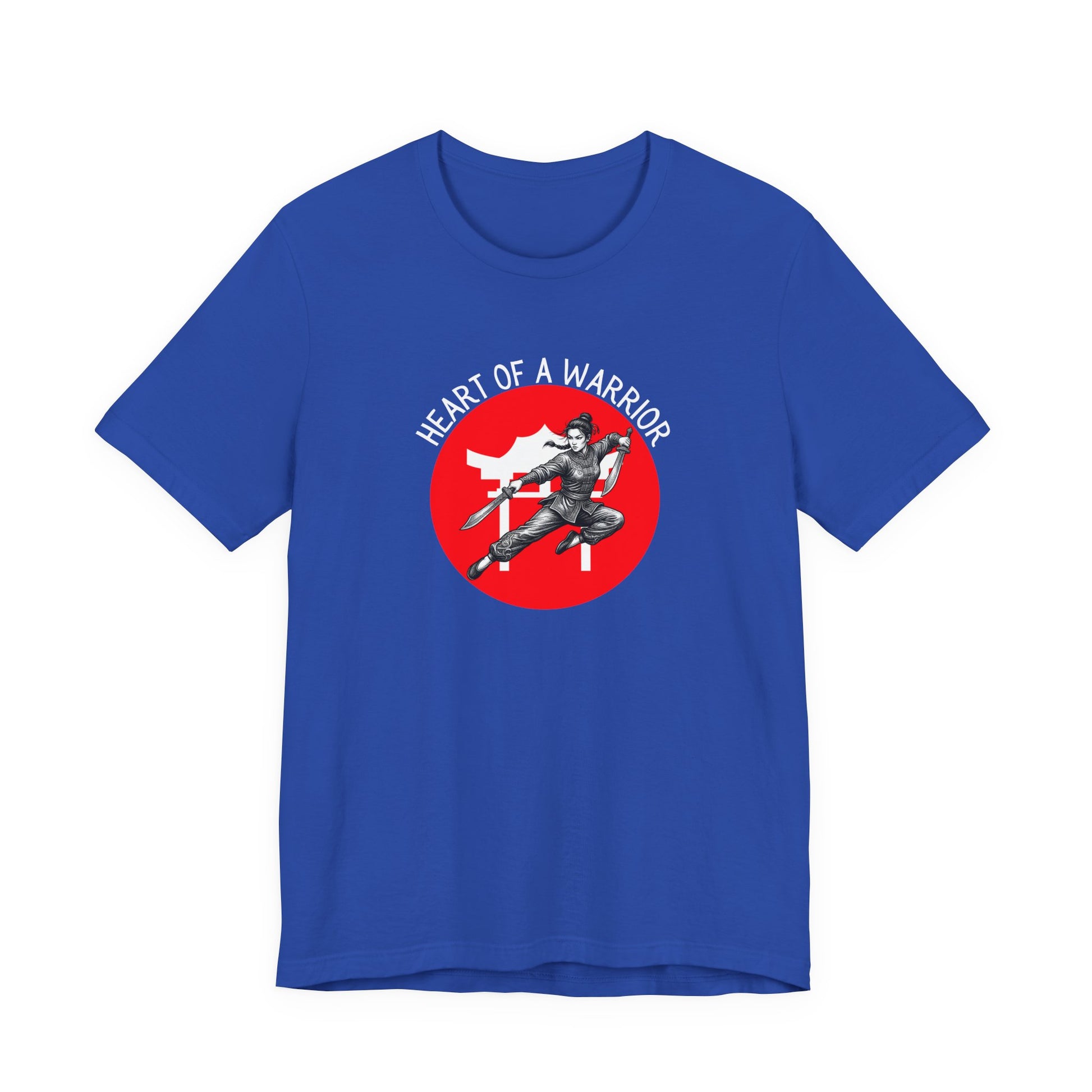 True Royal Blue t-shirt front with the slogan - Heart of a Warrior printed in white, above a red circle featuring the bold graphic of a female warrior in fighting stance wielding dual swords in front of a white Chinese Temple.