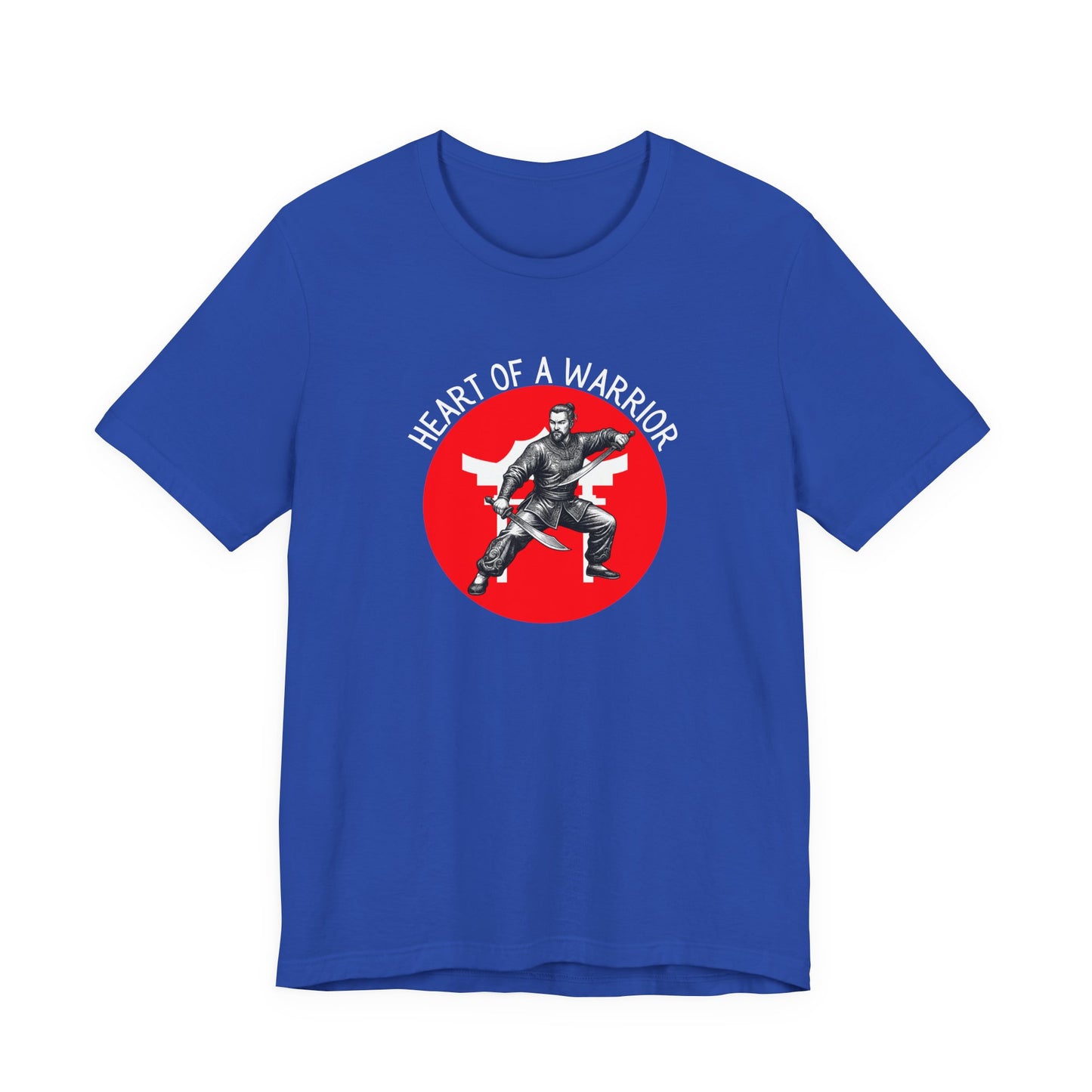 True Royal Blue t-shirt front with the slogan - Heart of a Warrior printed in white, above a red circle featuring the bold graphic of a male warrior in fighting stance wielding dual swords in front of a white Chinese Temple.