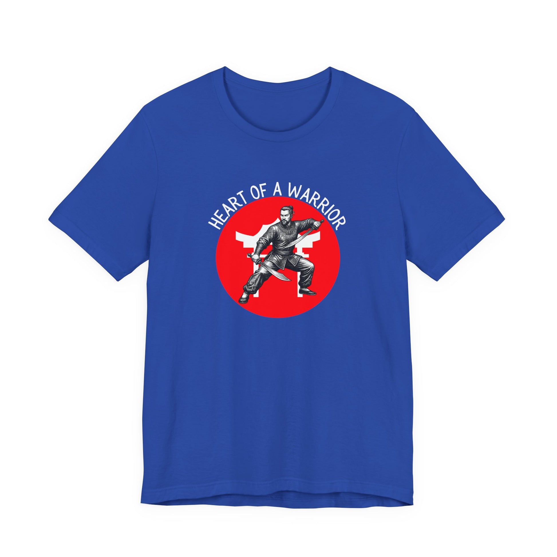 True Royal Blue t-shirt front with the slogan - Heart of a Warrior printed in white, above a red circle featuring the bold graphic of a male warrior in fighting stance wielding dual swords in front of a white Chinese Temple.