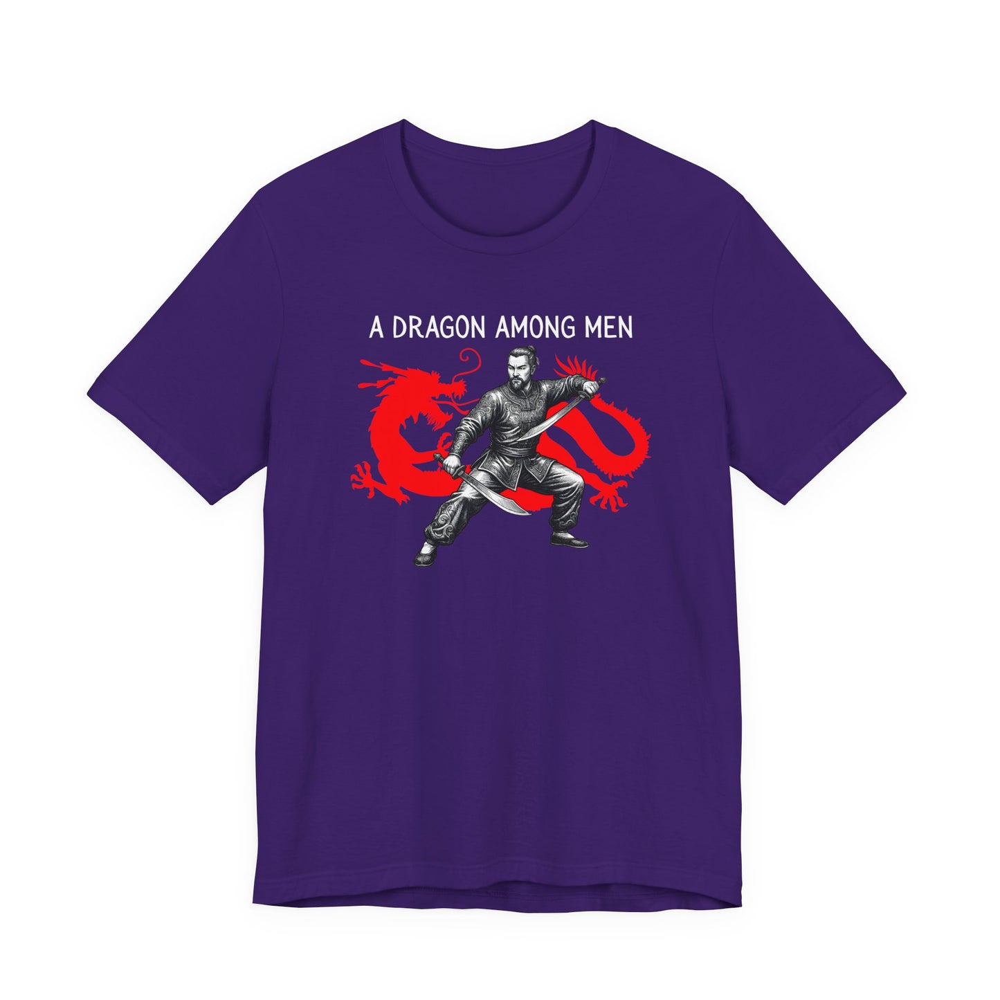 Team Purple t-shirt front with the slogan - A Dragon among Men printed in white, above the bold graphic of a male warrior in fighting stance wielding dual swords in front of a red dragon silhouette.