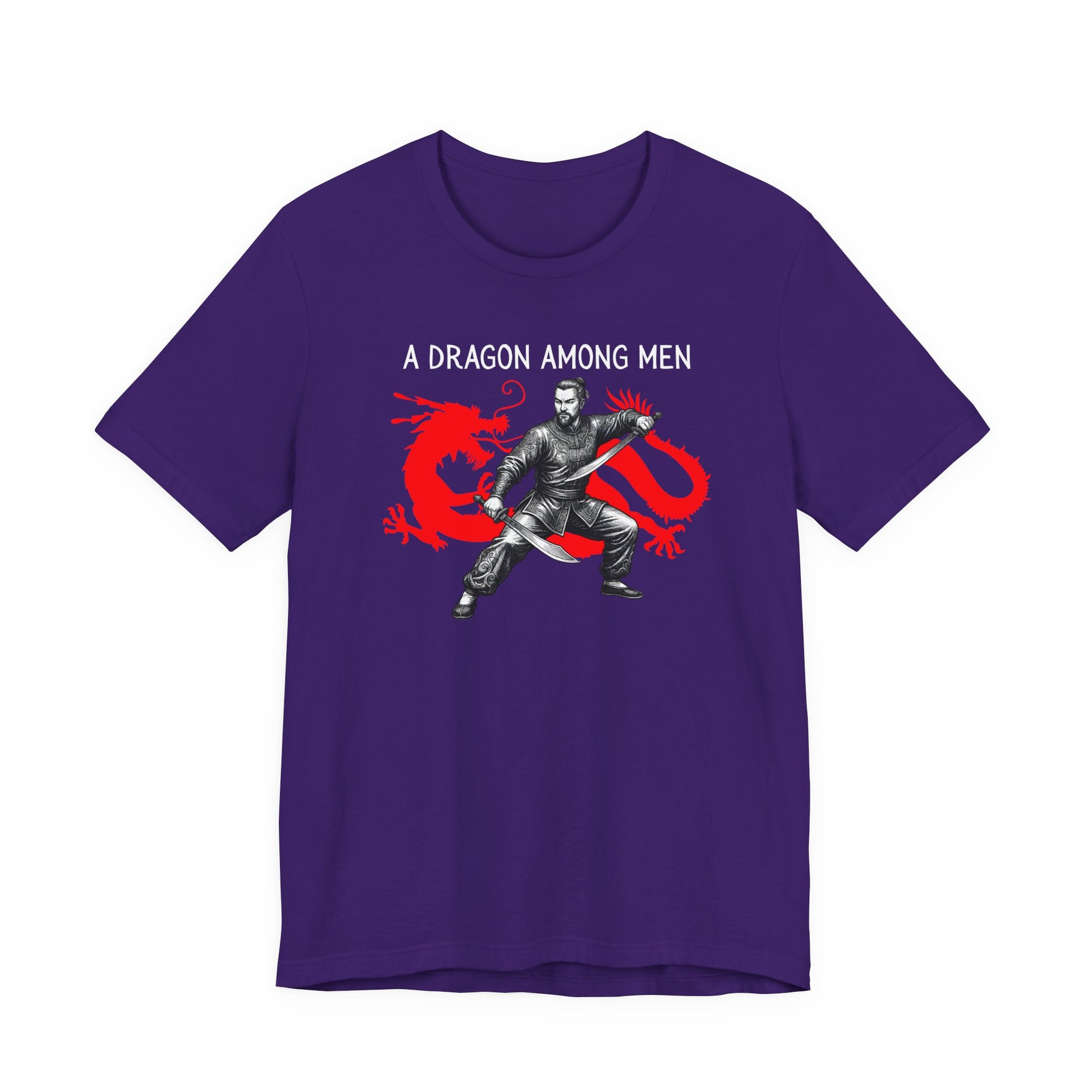 Team Purple t-shirt front with the slogan - A Dragon among Men printed in white, above the bold graphic of a male warrior in fighting stance wielding dual swords in front of a red dragon silhouette.
