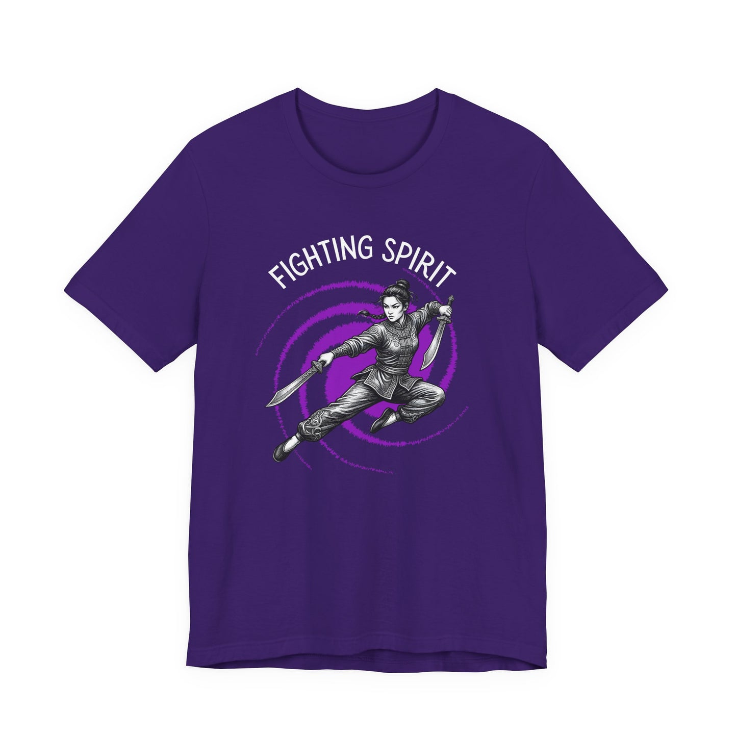 Team Purple t-shirt front with the slogan - Fighting Spirit printed in white, above the bold graphic of a female warrior doing a mid-air flying kick, wielding dual swords in front of a vivid purple swirling vortex.