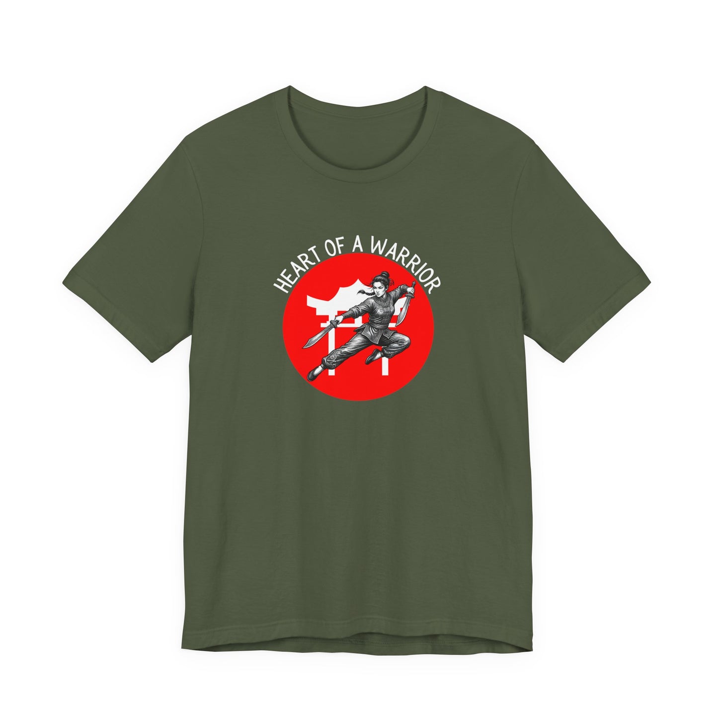 Military Green t-shirt front with the slogan - Heart of a Warrior printed in white, above a red circle featuring the bold graphic of a female warrior in fighting stance wielding dual swords in front of a white Chinese Temple.