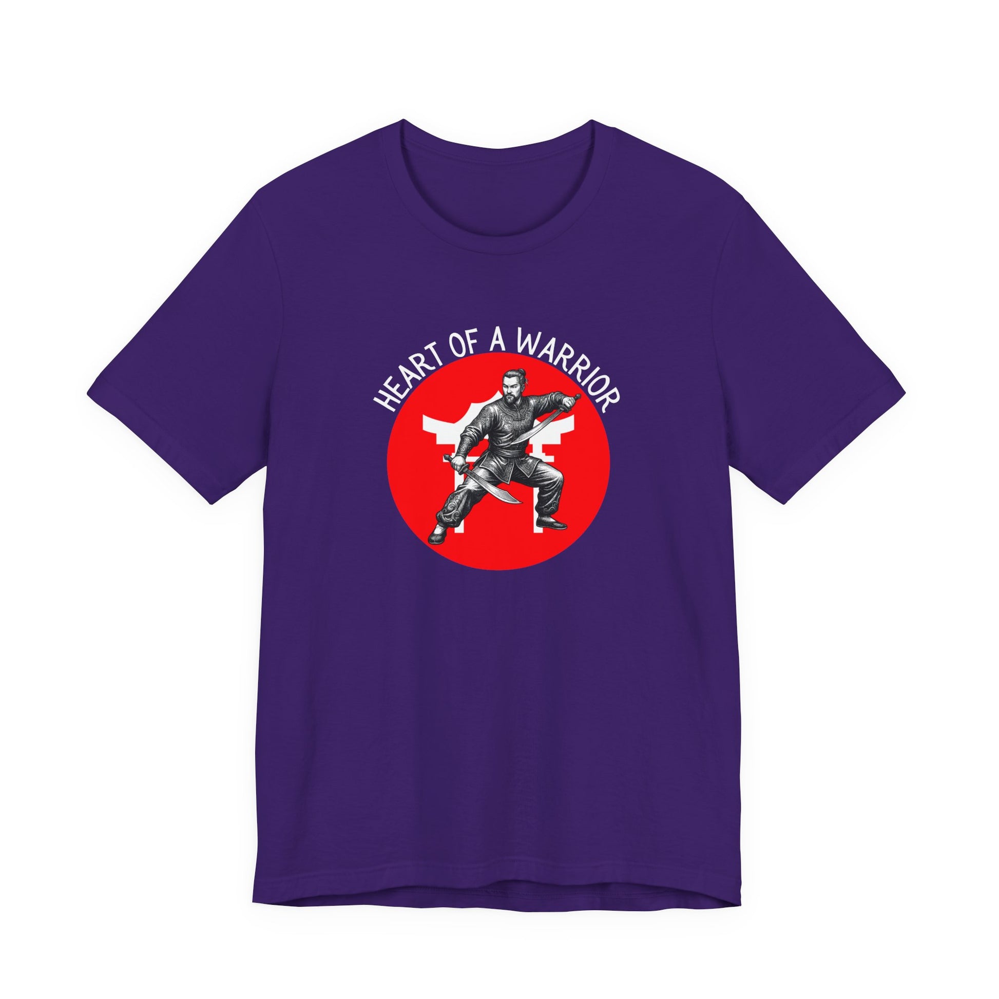 Team Purple t-shirt front with the slogan - Heart of a Warrior printed in white, above a red circle featuring the bold graphic of a male warrior in fighting stance wielding dual swords in front of a white Chinese Temple.