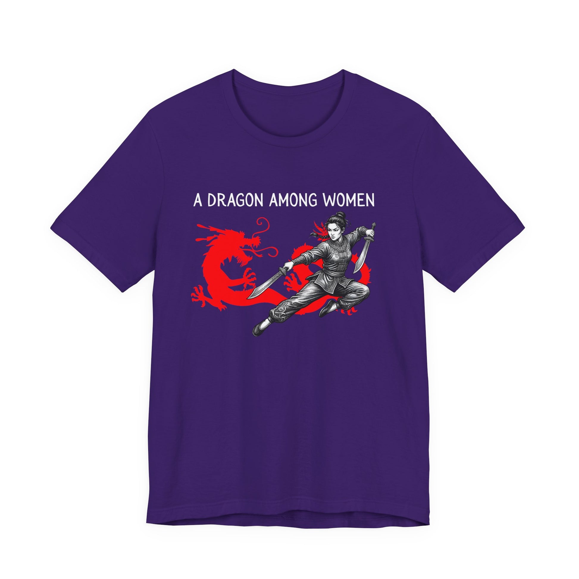 Team Purple t-shirt front with the slogan - A Dragon among Women printed in white, above the bold graphic of a female warrior in fighting stance wielding dual swords in front of a red dragon silhouette.