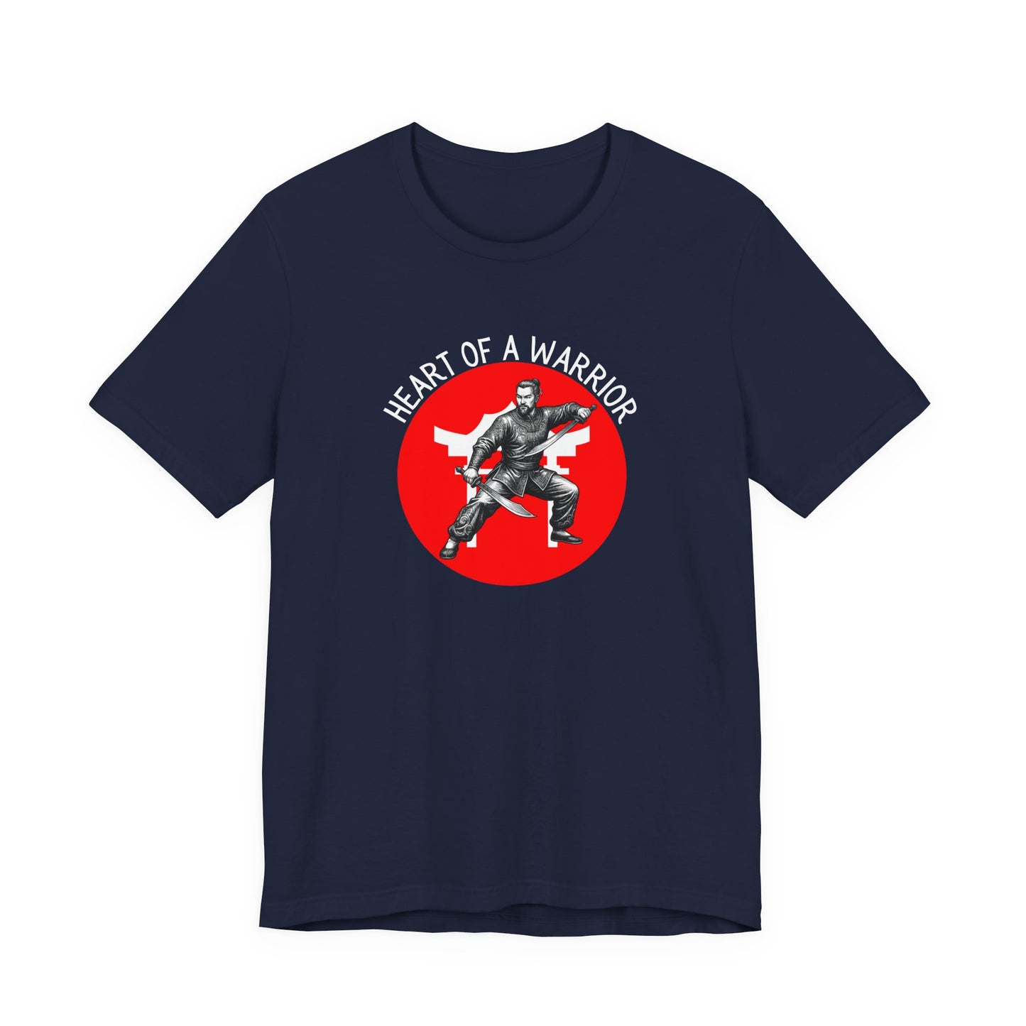 Navy Blue t-shirt front with the slogan - Heart of a Warrior printed in white, above a red circle featuring the bold graphic of a male warrior in fighting stance wielding dual swords in front of a white Chinese Temple.
