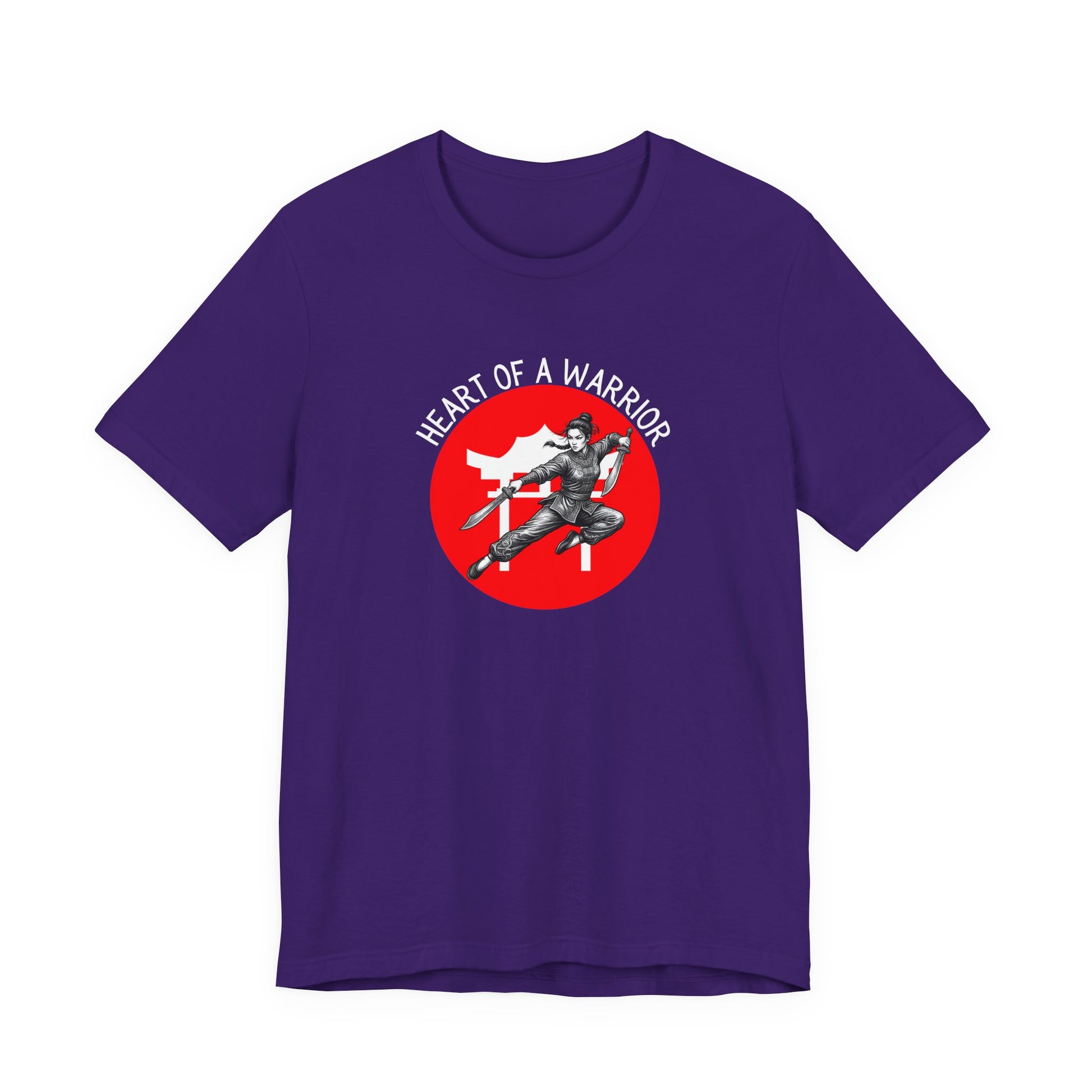 Team Purple t-shirt front with the slogan - Heart of a Warrior printed in white, above a red circle featuring the bold graphic of a female warrior in fighting stance wielding dual swords in front of a white Chinese Temple.