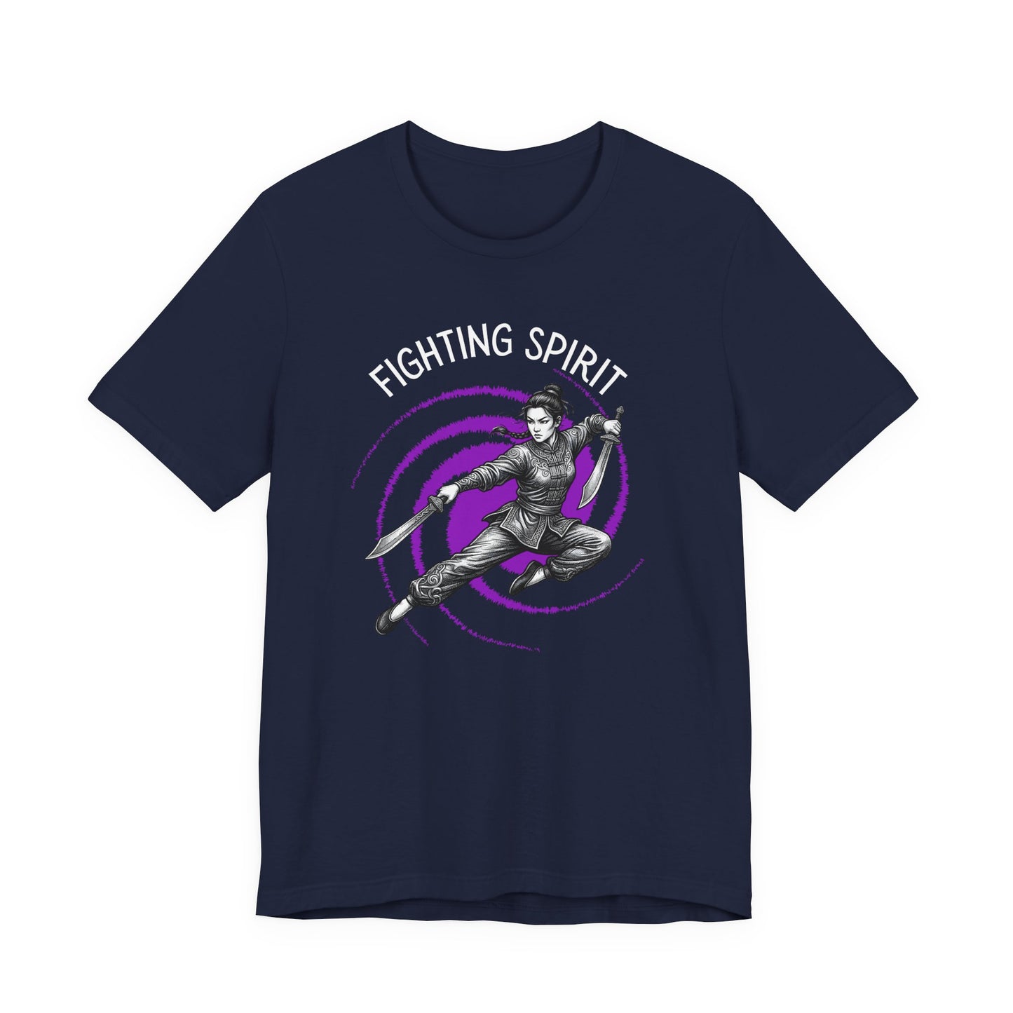 Navy Blue t-shirt front with the slogan - Fighting Spirit printed in white, above the bold graphic of a female warrior doing a mid-air flying kick, wielding dual swords in front of a vivid purple swirling vortex.