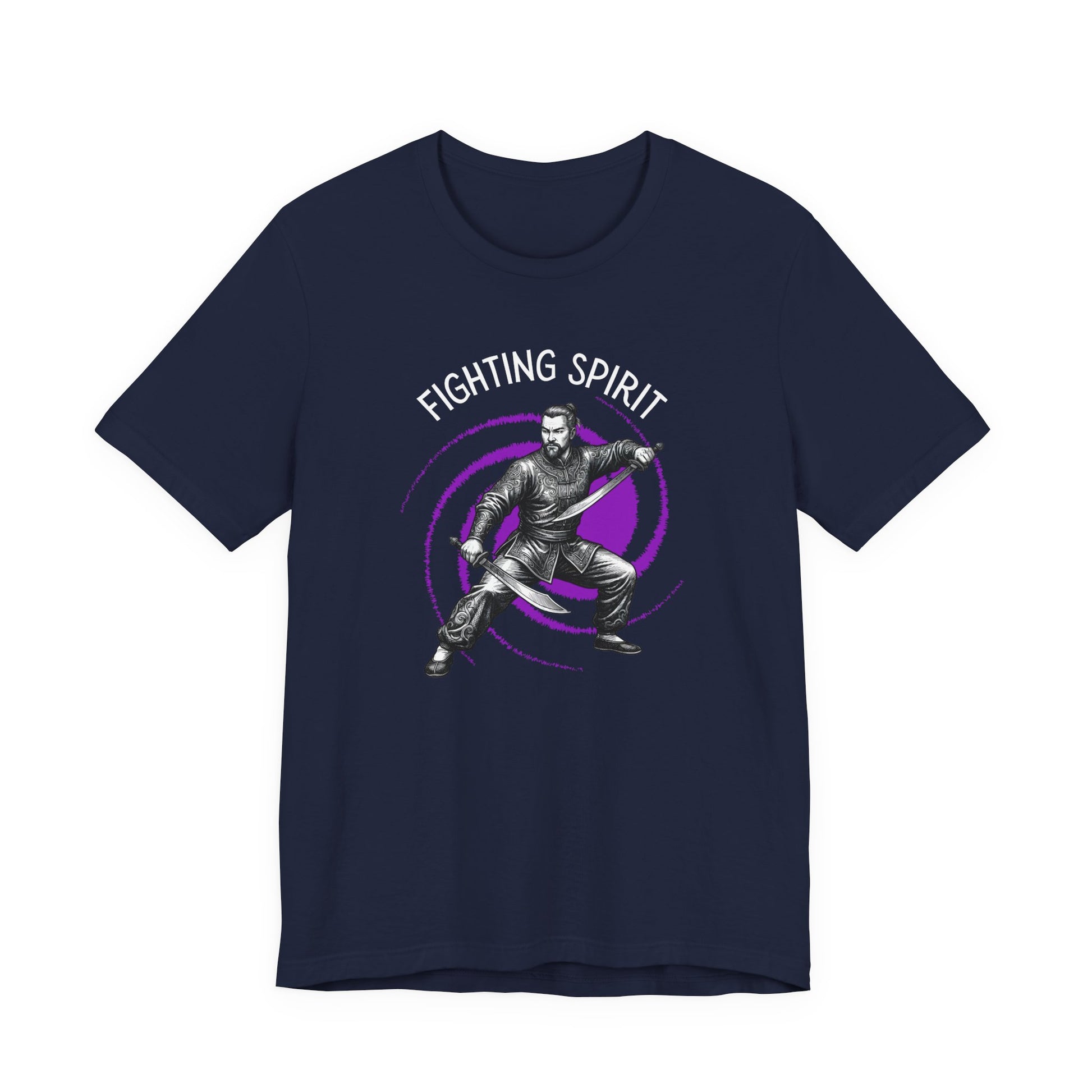 Navy Blue t-shirt front with the slogan - Fighting Spirit printed in white, above the bold graphic of a male warrior in fight stance, wielding dual swords in front of a vivid purple swirling vortex.