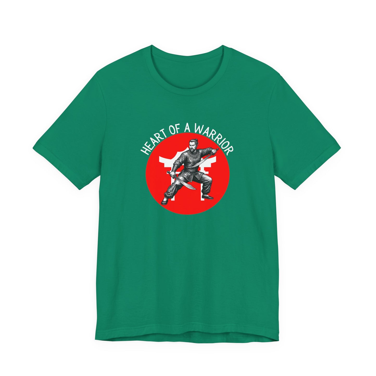Kelly Green t-shirt front with the slogan - Heart of a Warrior printed in white, above a red circle featuring the bold graphic of a male warrior in fighting stance wielding dual swords in front of a white Chinese Temple.