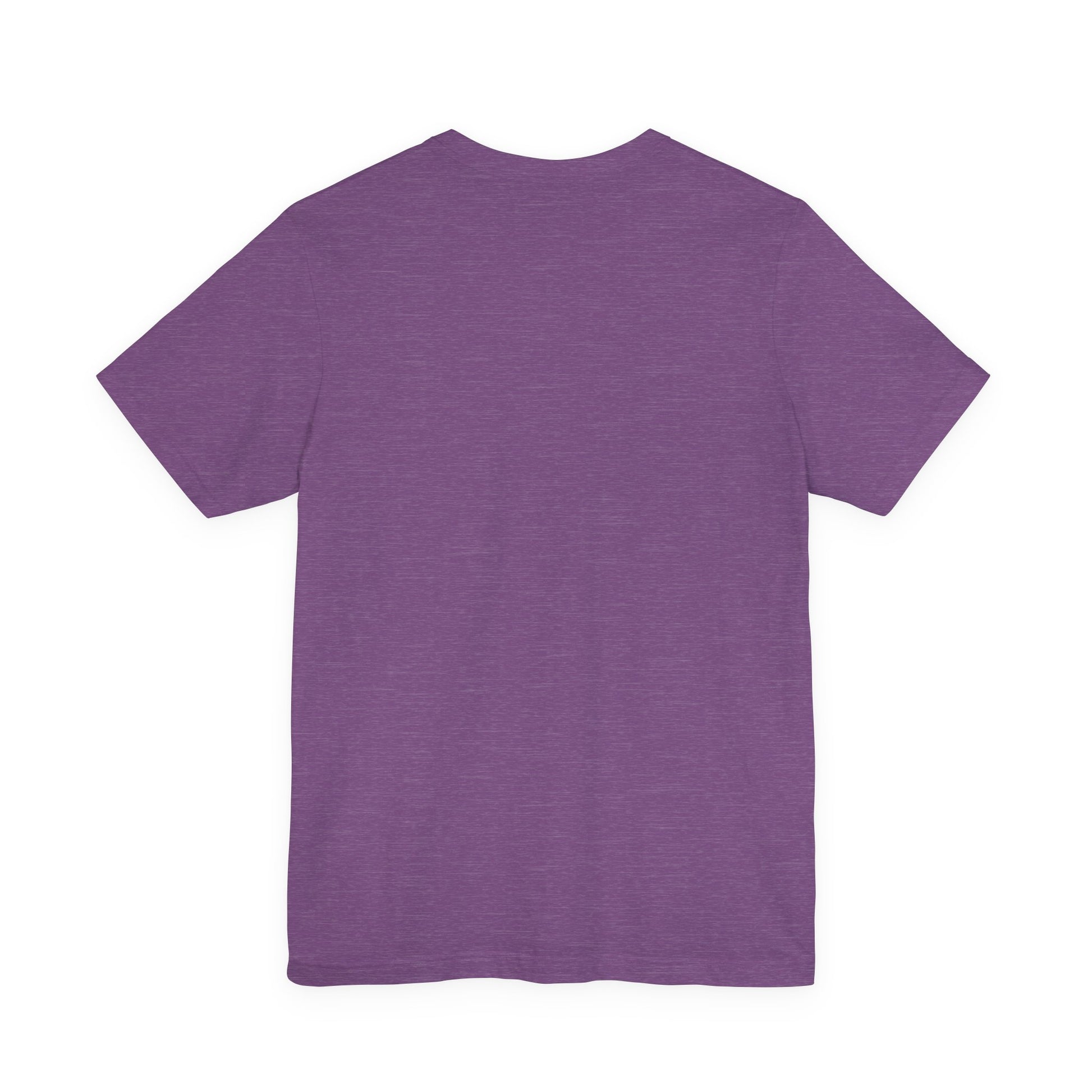Back of a heather team purple short-sleeve crewneck t-shirt no design.