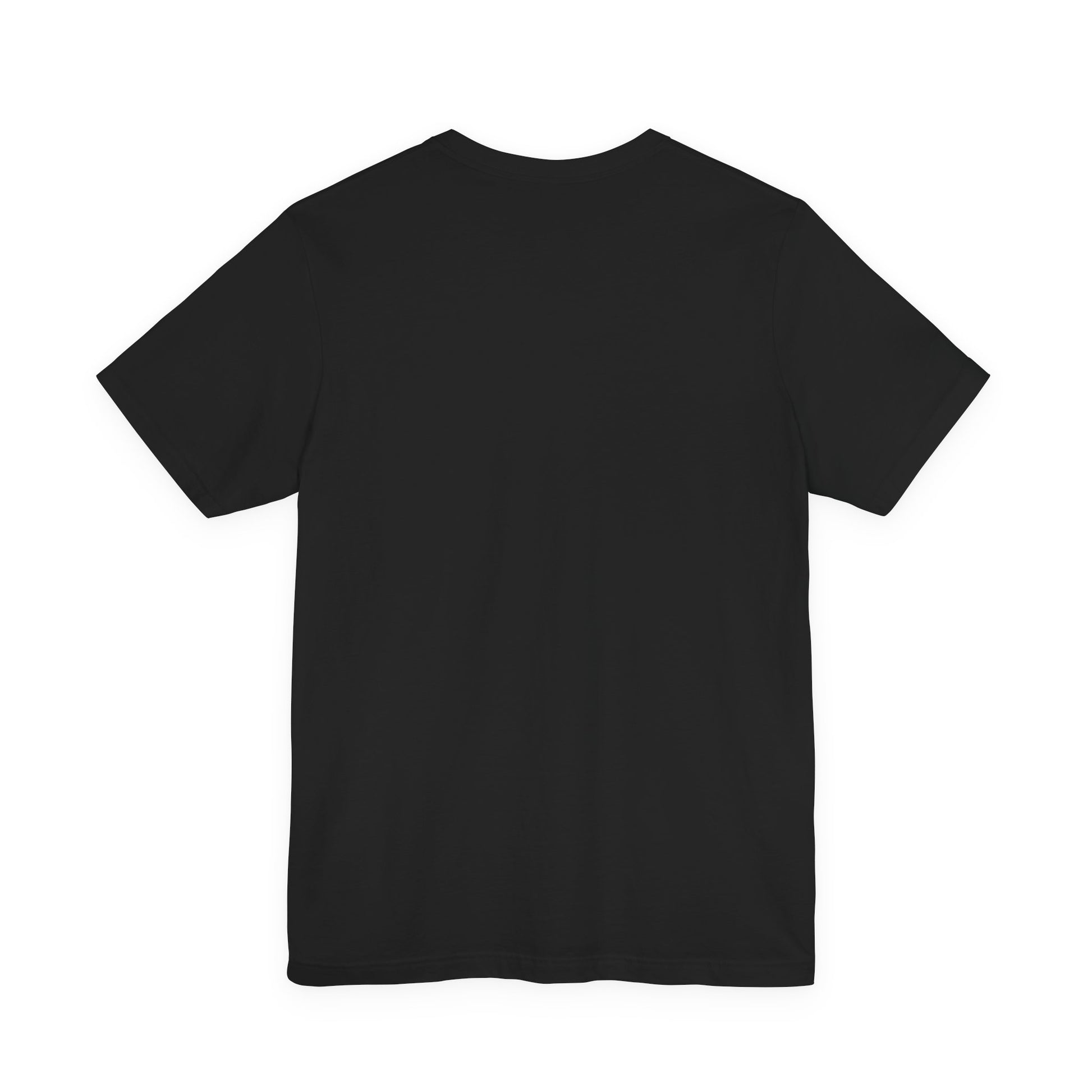A plain black short-sleeve crewneck t-shirt shown from the back, laid flat against a solid white background.