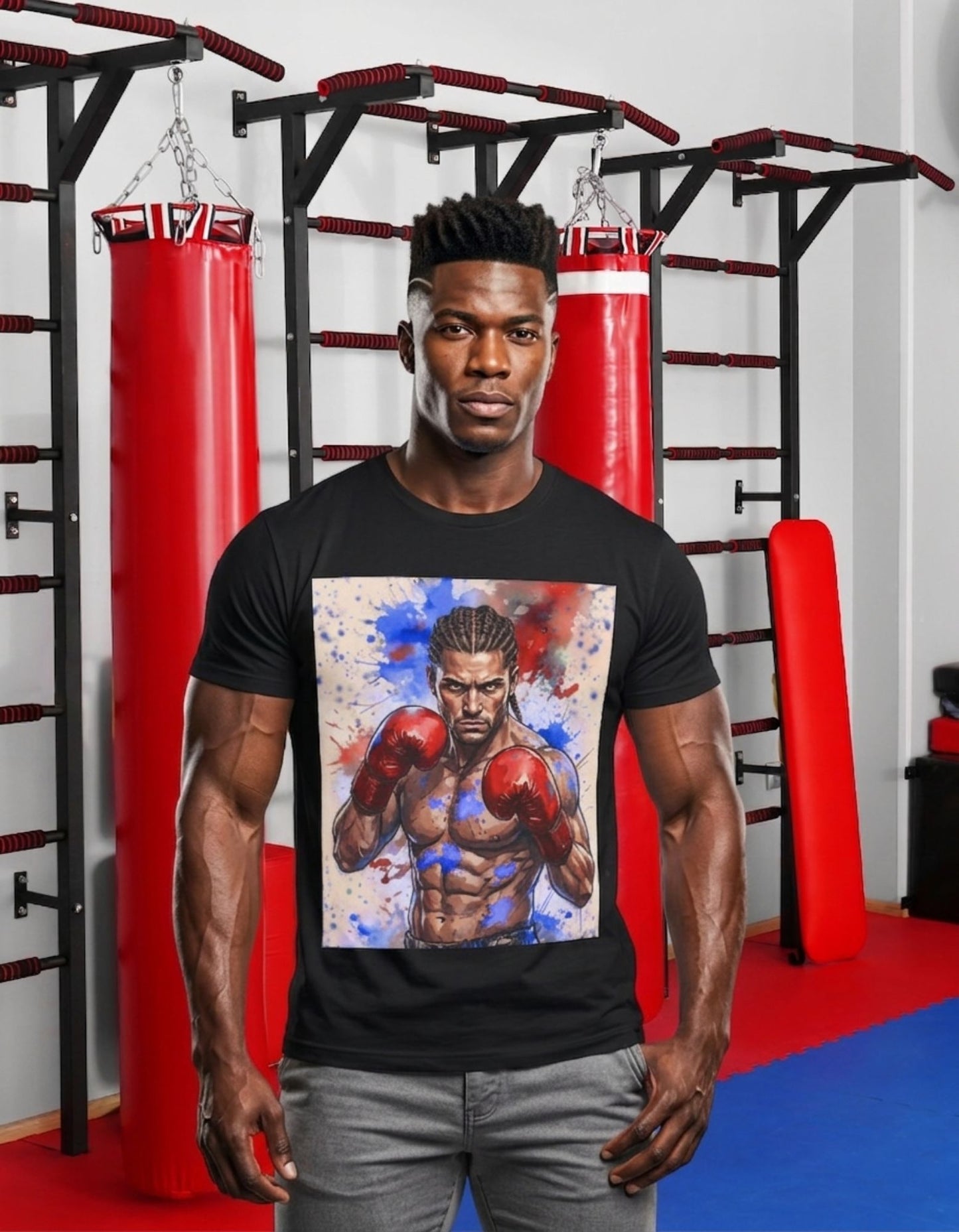A muscular man wearing a black t-shirt with a male boxer design, standing in a gym with red punching bags in the background.
