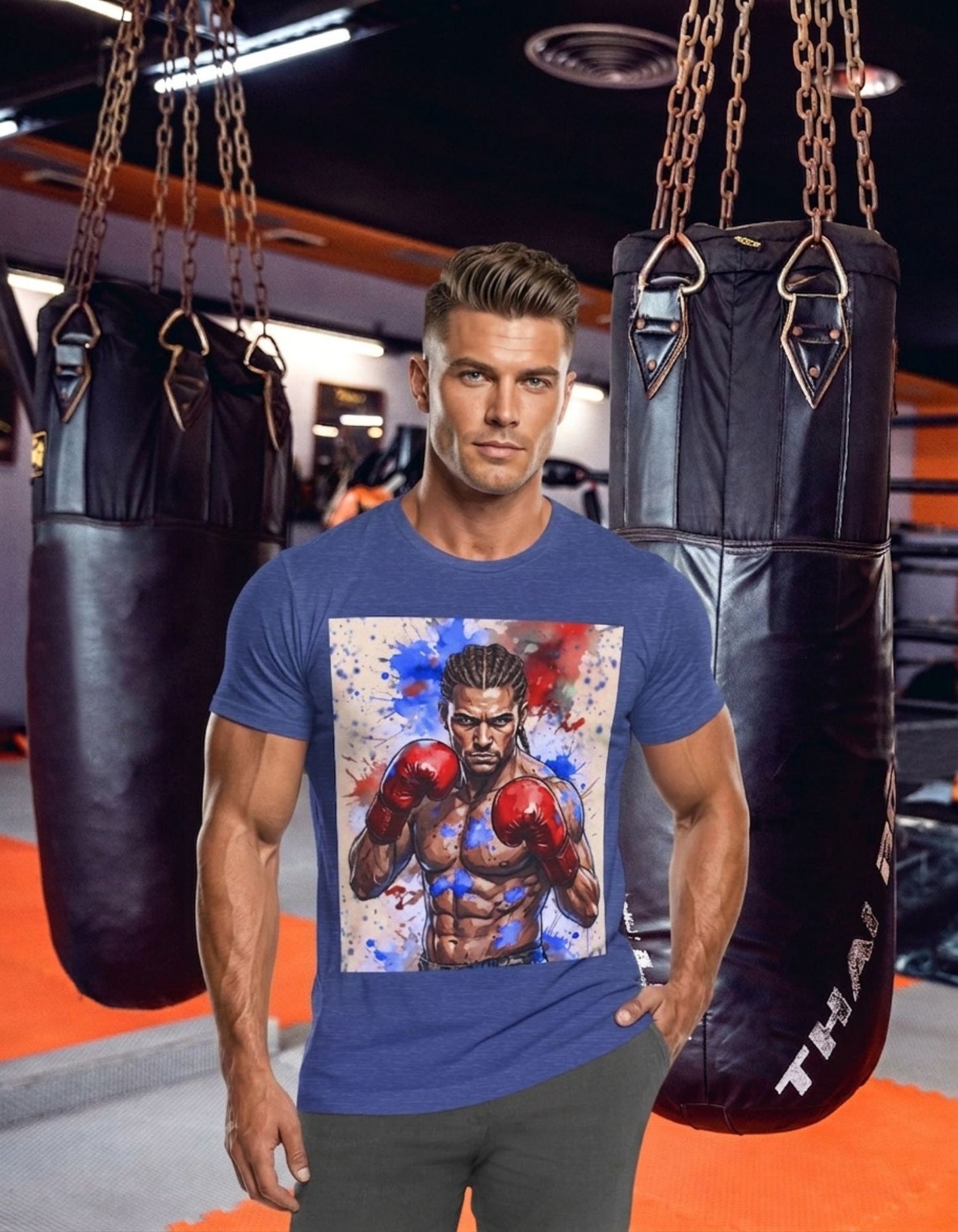A muscular man in a gym wearing a Fighter Spirit Boxer Guy Heather Blue t-shirt design, standing in front of hanging punch bags.
