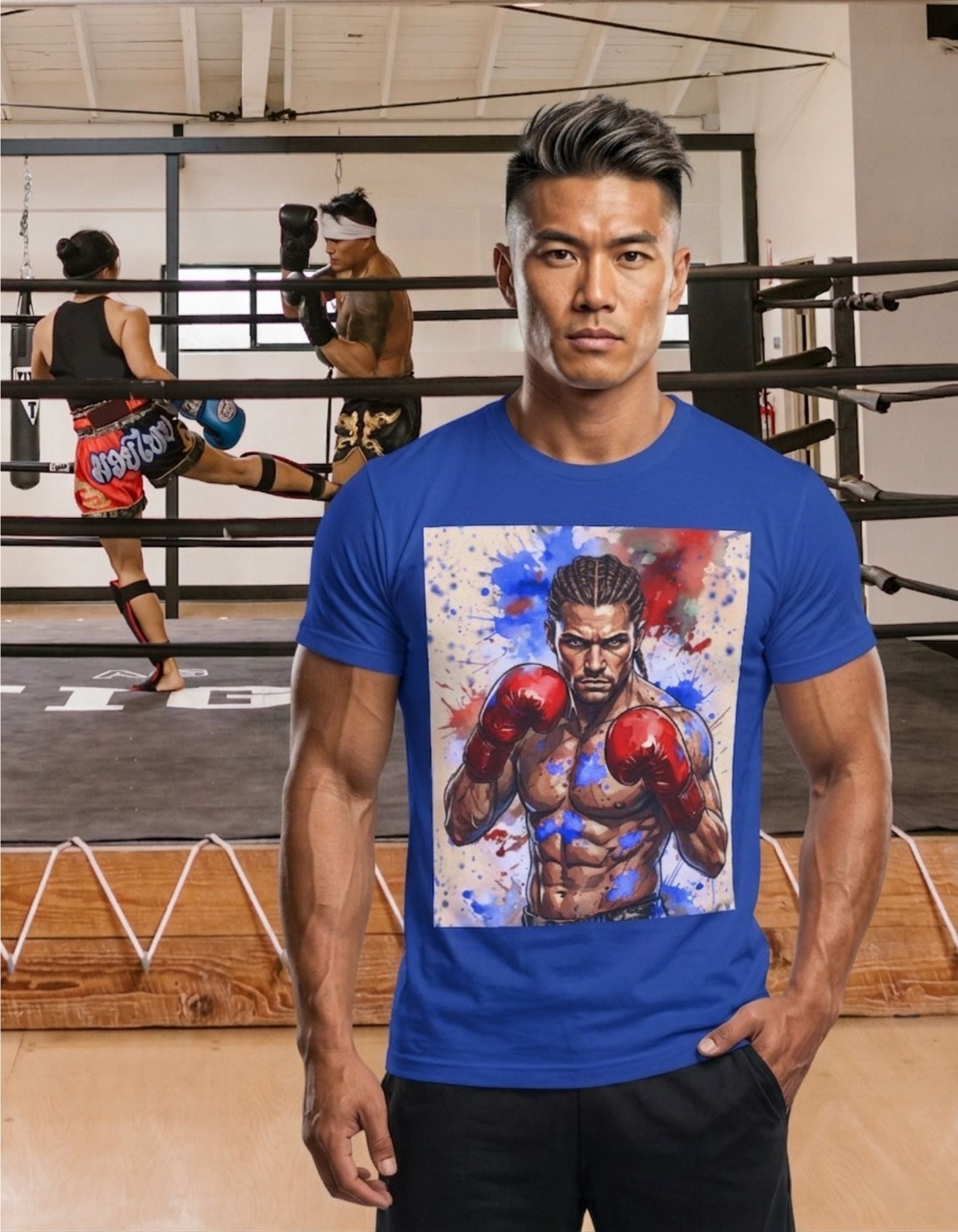 A muscular man wearing a royal blue t-shirt with a colorful boxing graphic print, standing in a boxing gym with two other boxers in the background.
