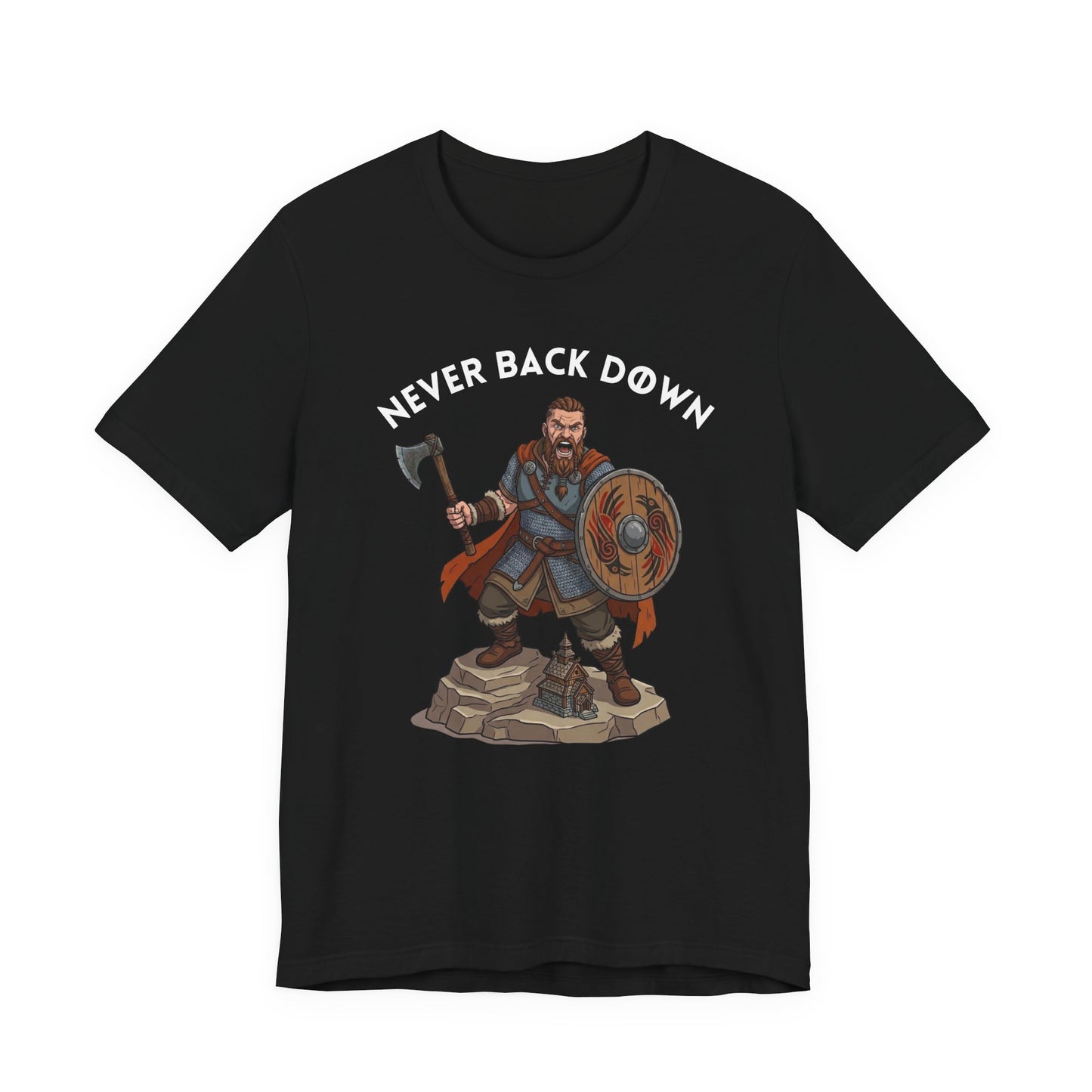 A black short-sleeve crewneck t-shirt featuring a graphic of a Viking warrior holding an axe and shield, with the text 'NEVER BACK DOWN' arched above him, displayed on a solid white background.