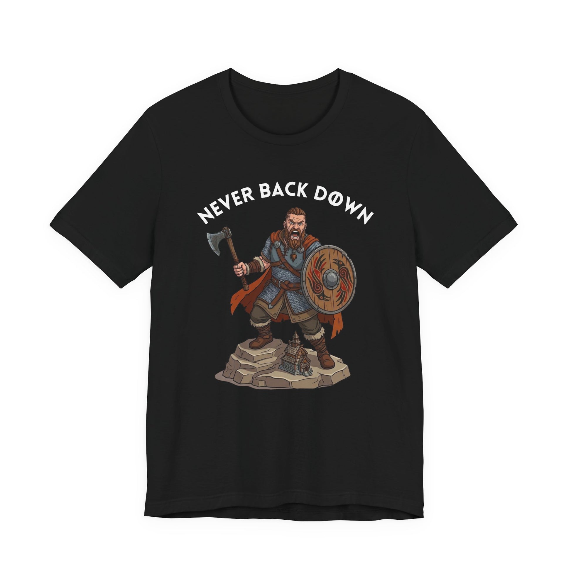 A black short-sleeve crewneck t-shirt featuring a graphic of a Viking warrior holding an axe and shield, with the text 'NEVER BACK DOWN' arched above him, displayed on a solid white background.