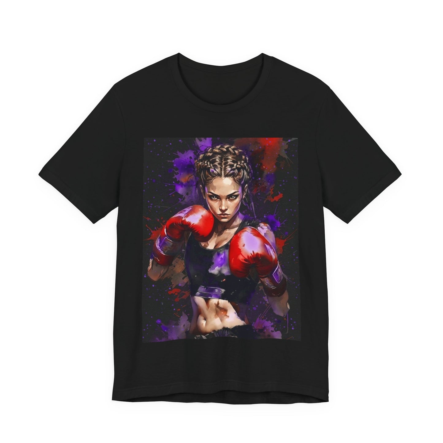 A black short-sleeve crewneck t-shirt featuring a large graphic print of a female boxer with red boxing gloves against a purple and red paint splatter background.