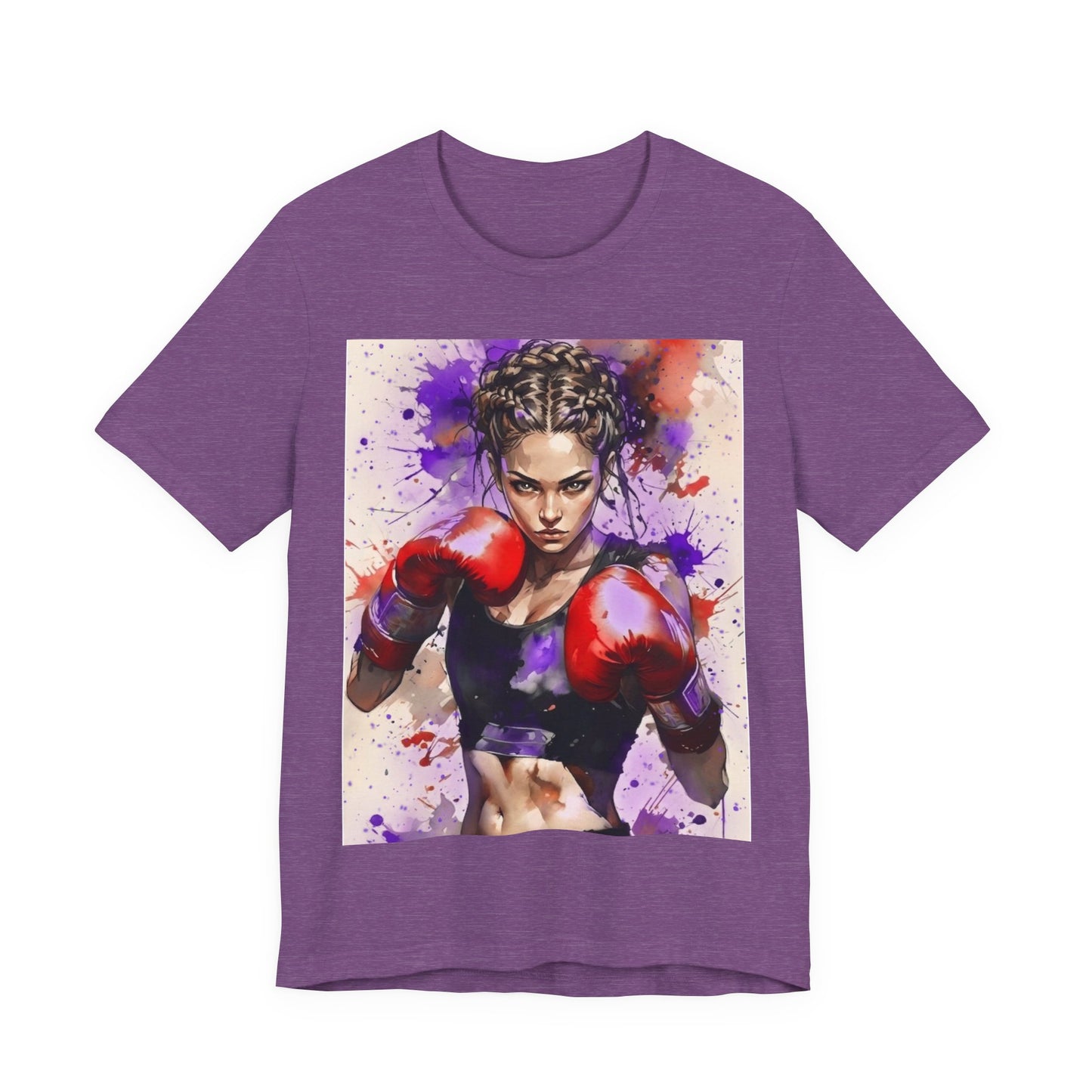 Front of a heather team purple short-sleeve crewneck t-shirt featuring a large square graphic print of a female boxer wearing red boxing gloves, set against a paint splattered white background.