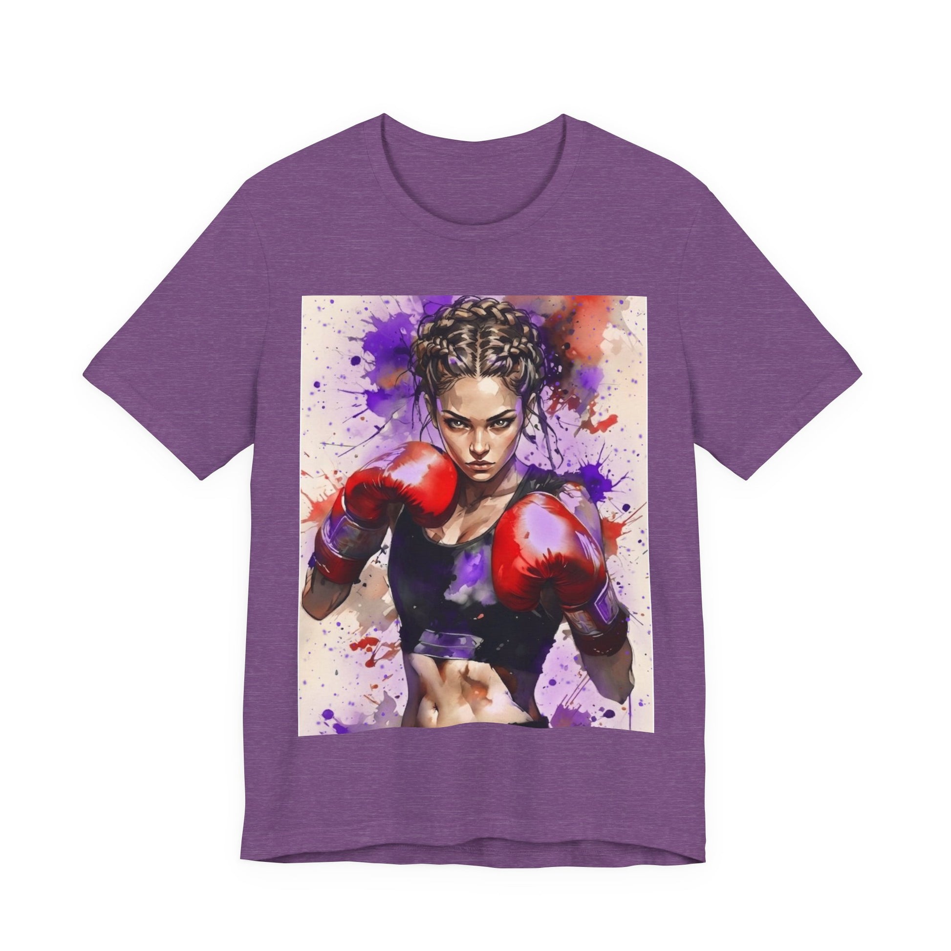 Front of a heather team purple short-sleeve crewneck t-shirt featuring a large square graphic print of a female boxer wearing red boxing gloves, set against a paint splattered white background.