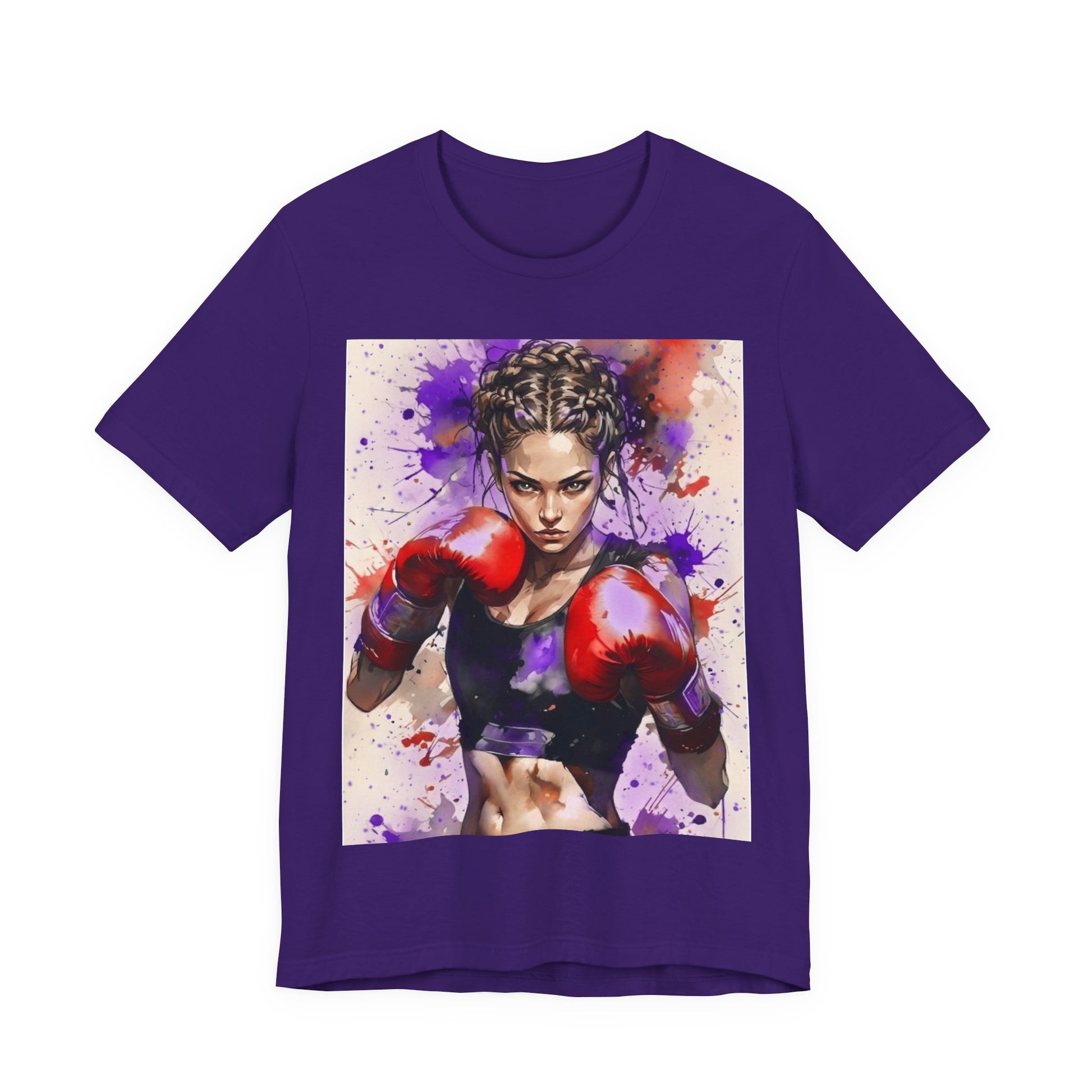 Front of a team purple short-sleeve crewneck t-shirt featuring a large square graphic print of a female boxer wearing red boxing gloves, set against a paint splattered white background.