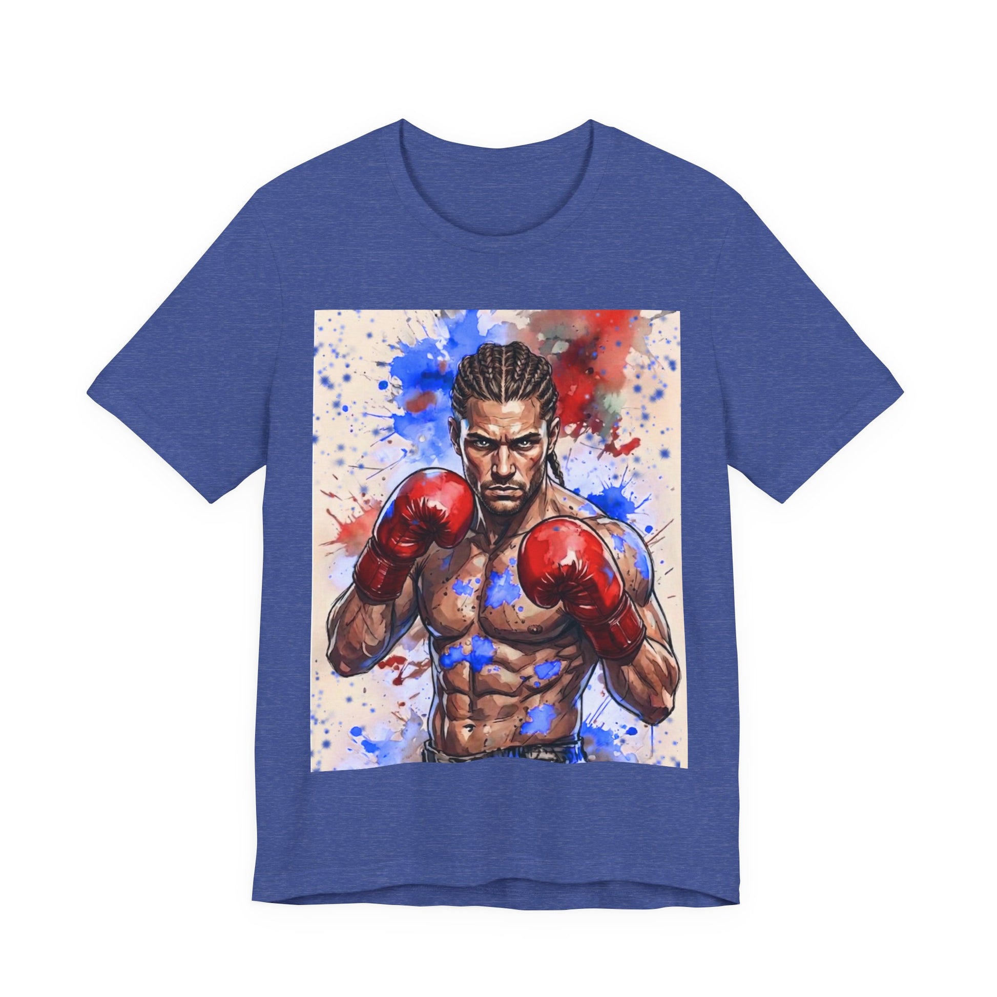 Front of a Fighter Spirit Boxer Guy Heather Blue T-shirt featuring a male boxer design, on a white background.