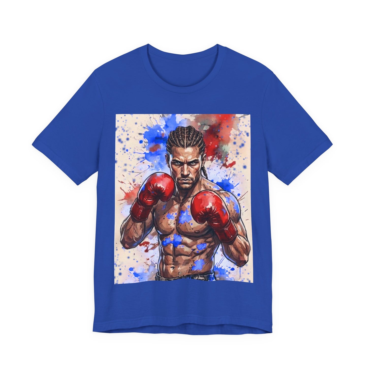 Front of a Fighter Spirit Boxer Guy Royal blue t-shirt featuring a large graphic print of a boxer wearing red boxing gloves, set against a plain white background.