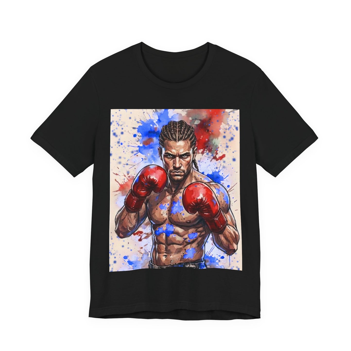 Front of a black short-sleeve crewneck t-shirt featuring a large rectangular graphic print of a muscular boxer wearing red boxing gloves, set against a white background with blue and red paint splatters.