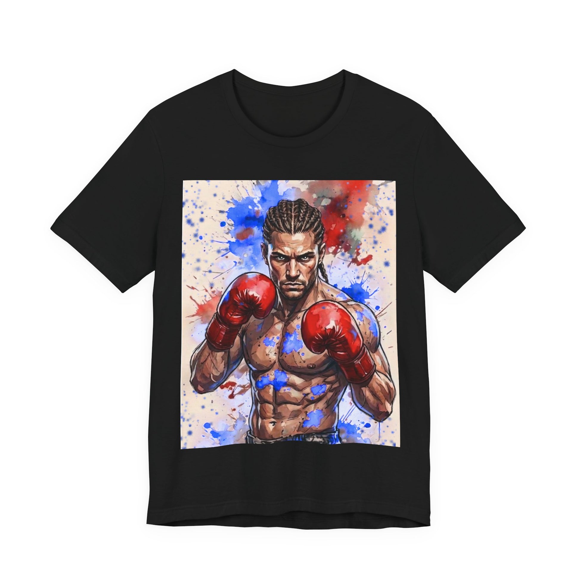 Front of a black short-sleeve crewneck t-shirt featuring a large rectangular graphic print of a muscular boxer wearing red boxing gloves, set against a white background with blue and red paint splatters.