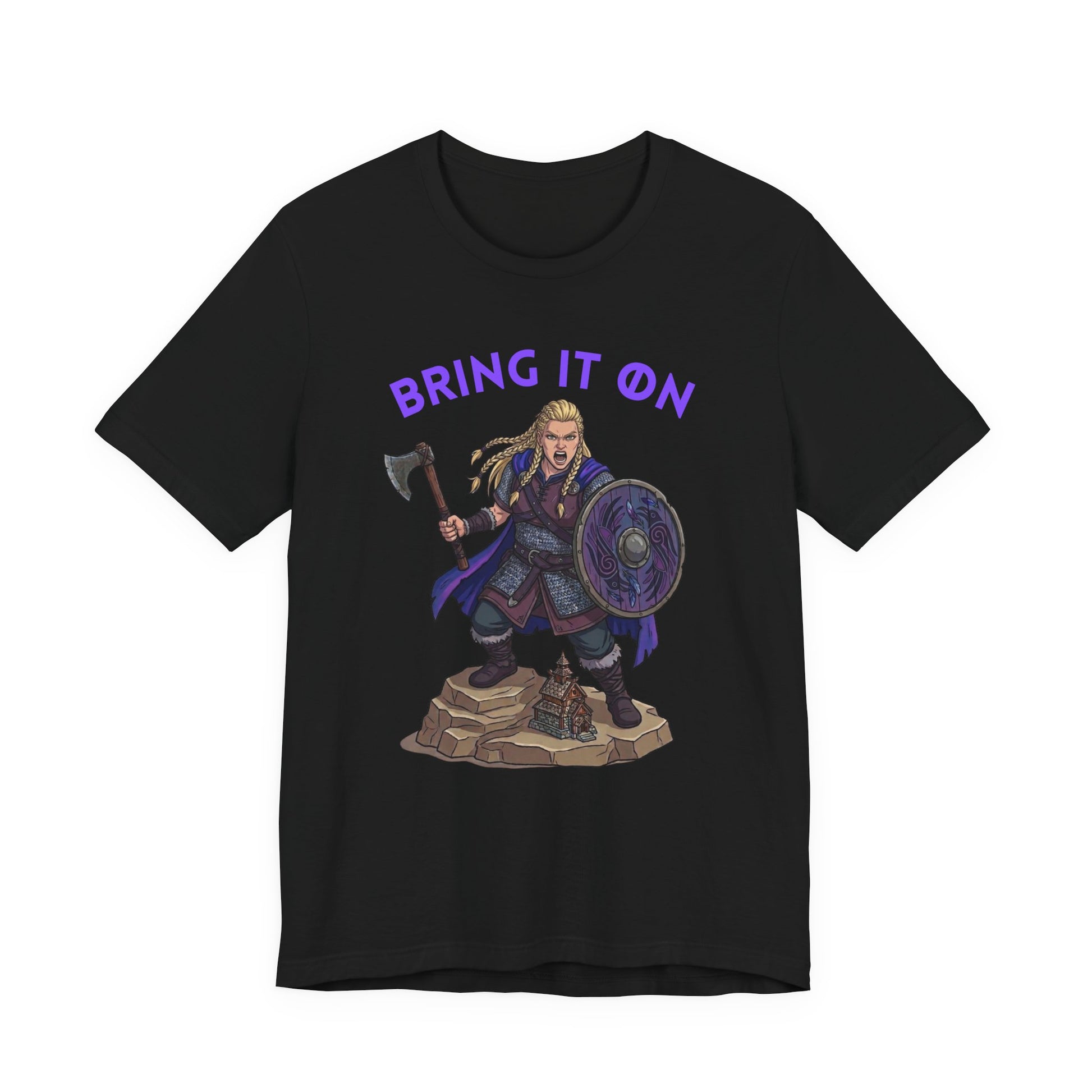 A black short-sleeve crewneck t-shirt featuring a graphic of a female Viking warrior holding an axe and shield, with the purple text 'BRING IT ON' above her, displayed on a solid white background.