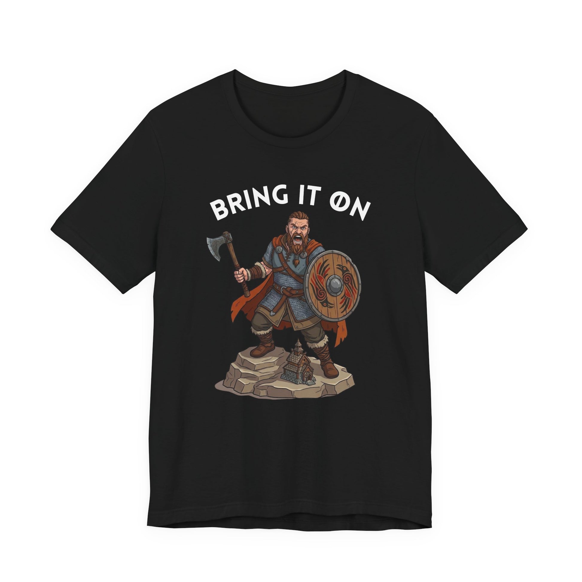 Black t-shirt with a graphic design of a Viking warrior holding an axe and shield below the text 'Bring It On' in white letters, on a white background.