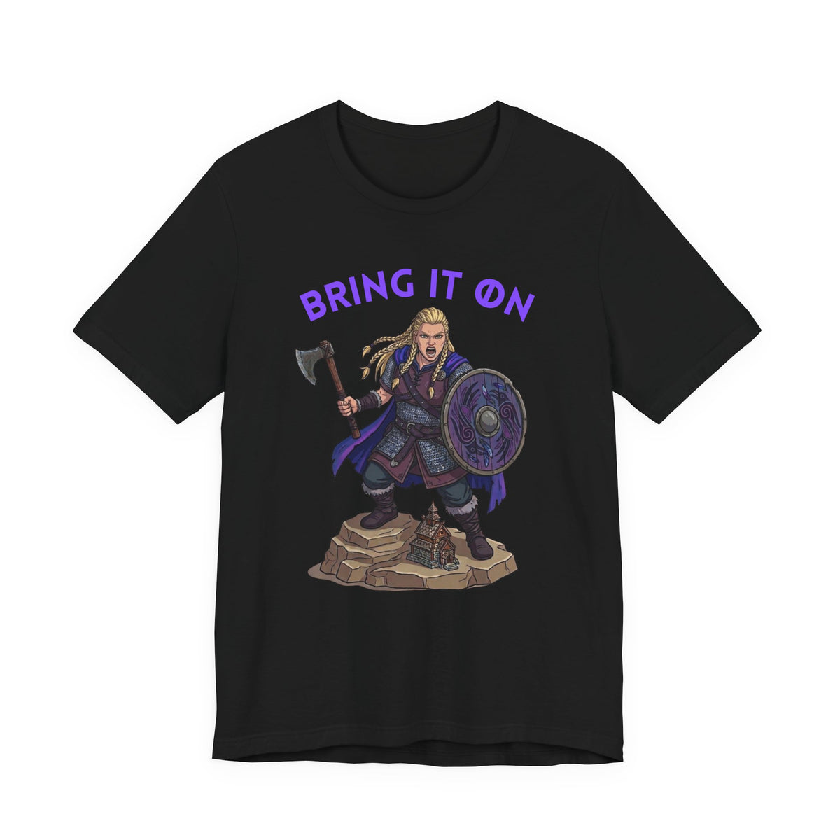 A black short-sleeve crewneck t-shirt featuring a graphic of a female Viking warrior holding an axe and shield, with the purple text 'BRING IT ON' above her, displayed on a solid white background.