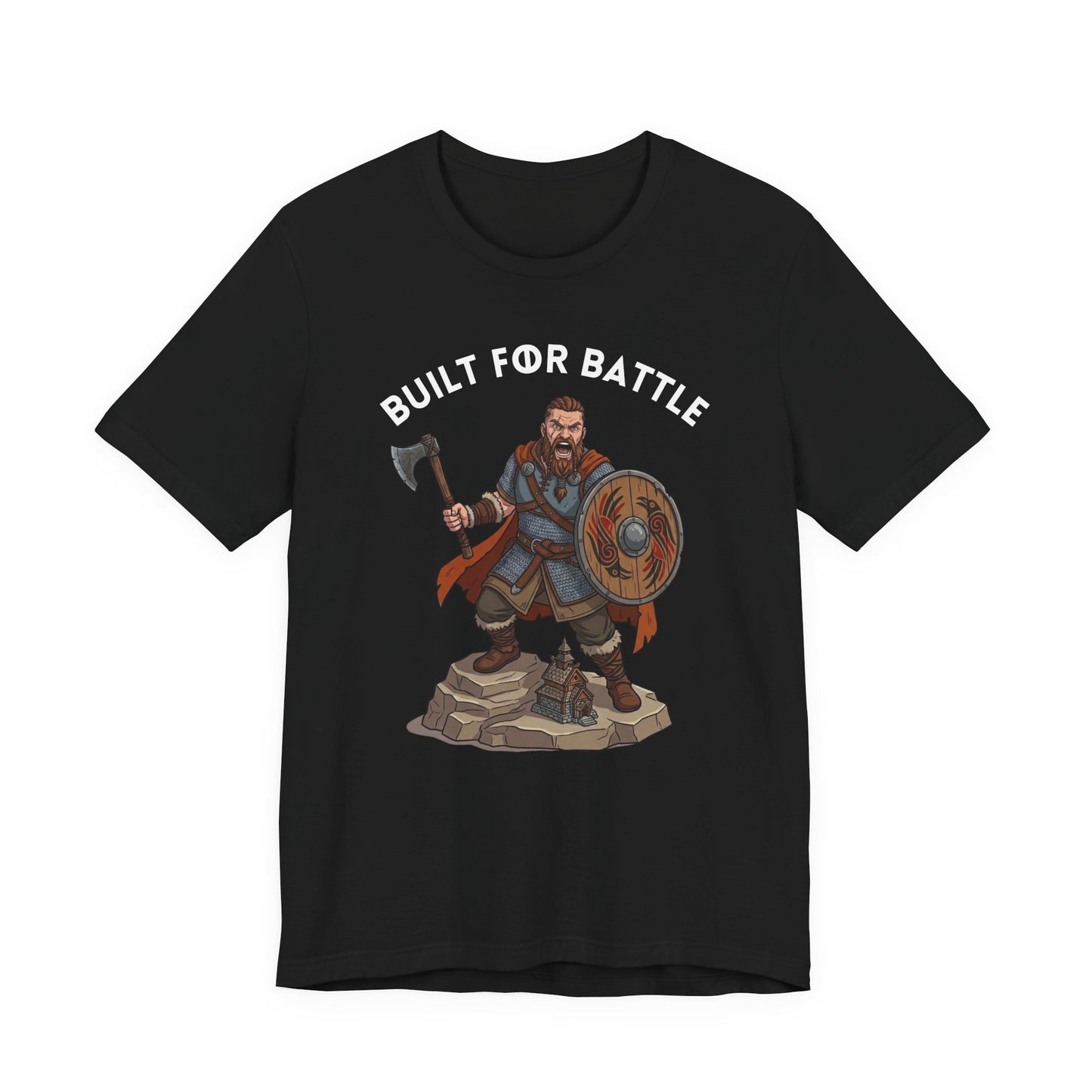 A black short-sleeve crewneck t-shirt featuring a graphic of a Viking warrior holding an axe and shield, with the text 'BUILT FOR BATTLE' arched above him, displayed on a solid white background.