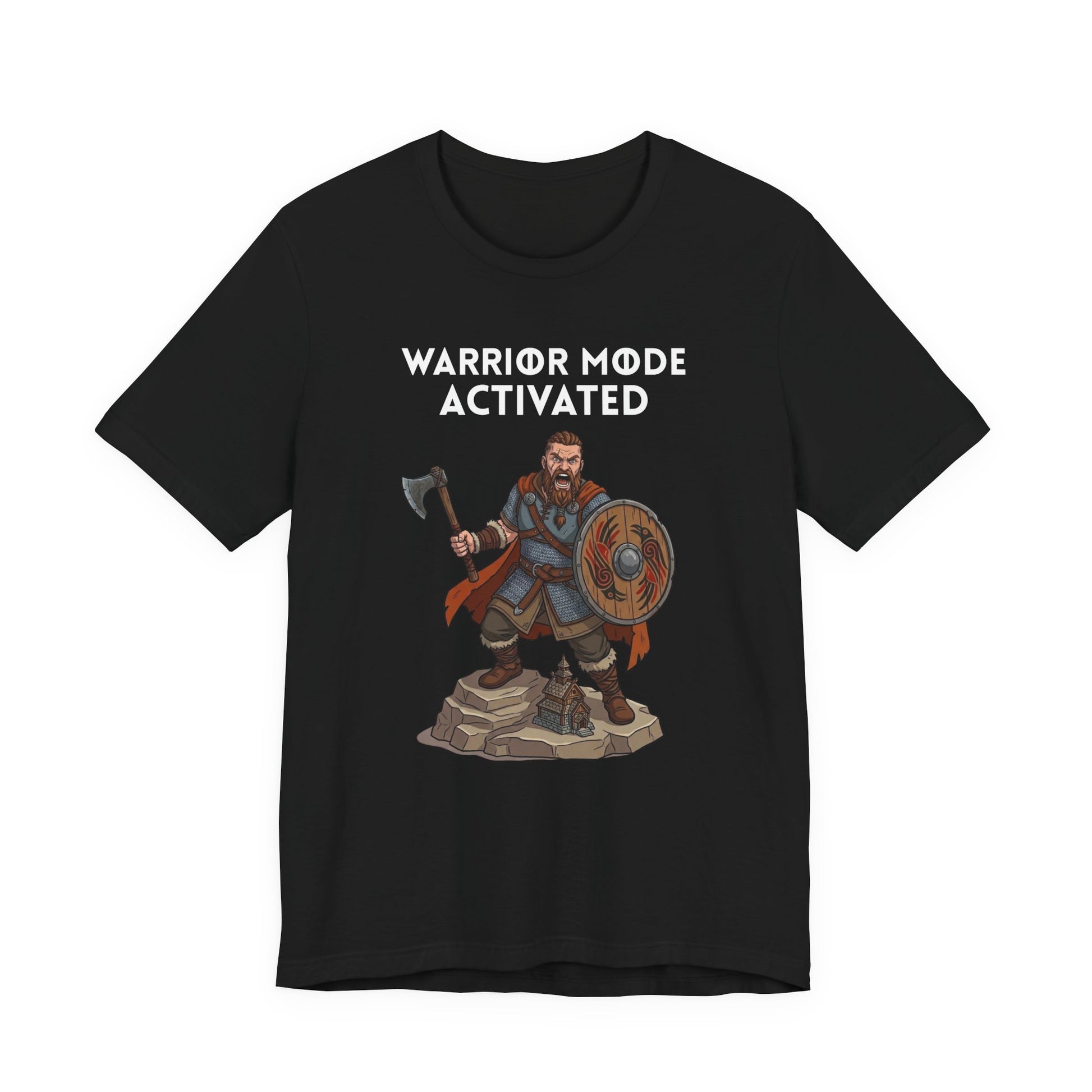 A black short-sleeve crewneck t-shirt featuring a graphic of a Viking warrior holding an axe and shield, with the text 'WARRIOR MODE ACTIVATED' printed above him, displayed on a clean white background.