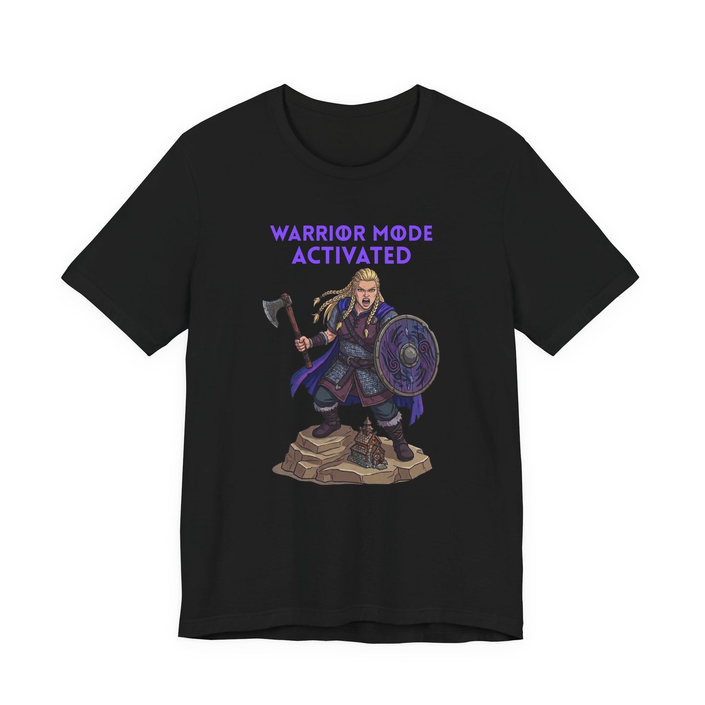 A black short-sleeve crewneck t-shirt featuring a graphic of a female Viking warrior holding an axe and shield with the purple text 'WARRIOR MODE ACTIVATED' above, displayed on a solid white background.
