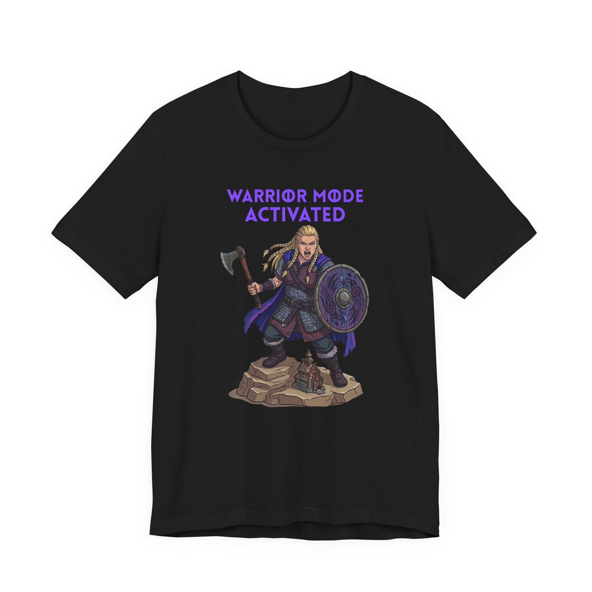 A black short-sleeve crewneck t-shirt featuring a graphic of a female Viking warrior holding an axe and shield with the purple text 'WARRIOR MODE ACTIVATED' above, displayed on a solid white background.