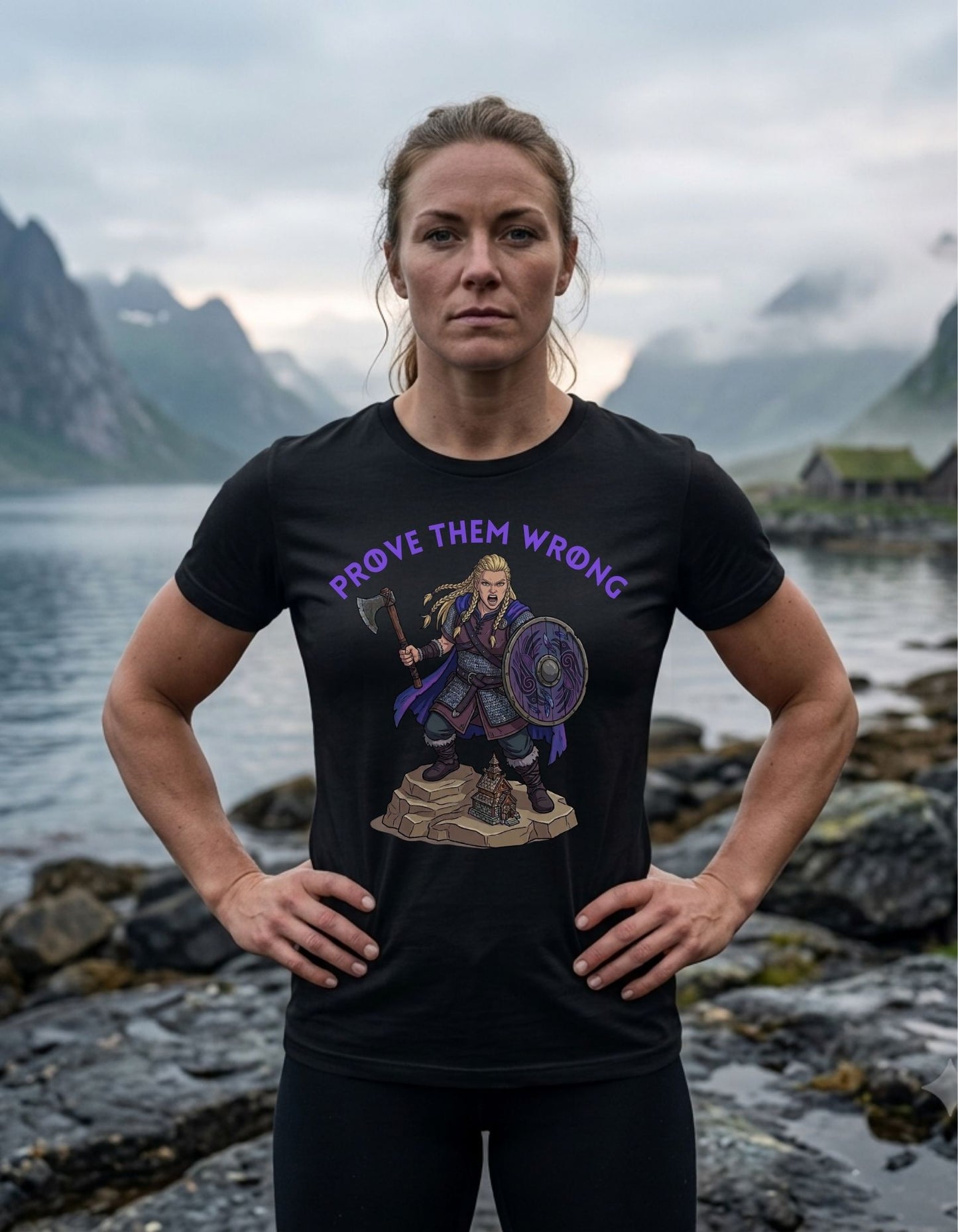 A woman stands outdoors in front of a misty mountain lake, wearing a black graphic T-shirt with purple text reading 'PROVE THEM WRONG' and a colorful illustrated Viking female warrior design on the front.